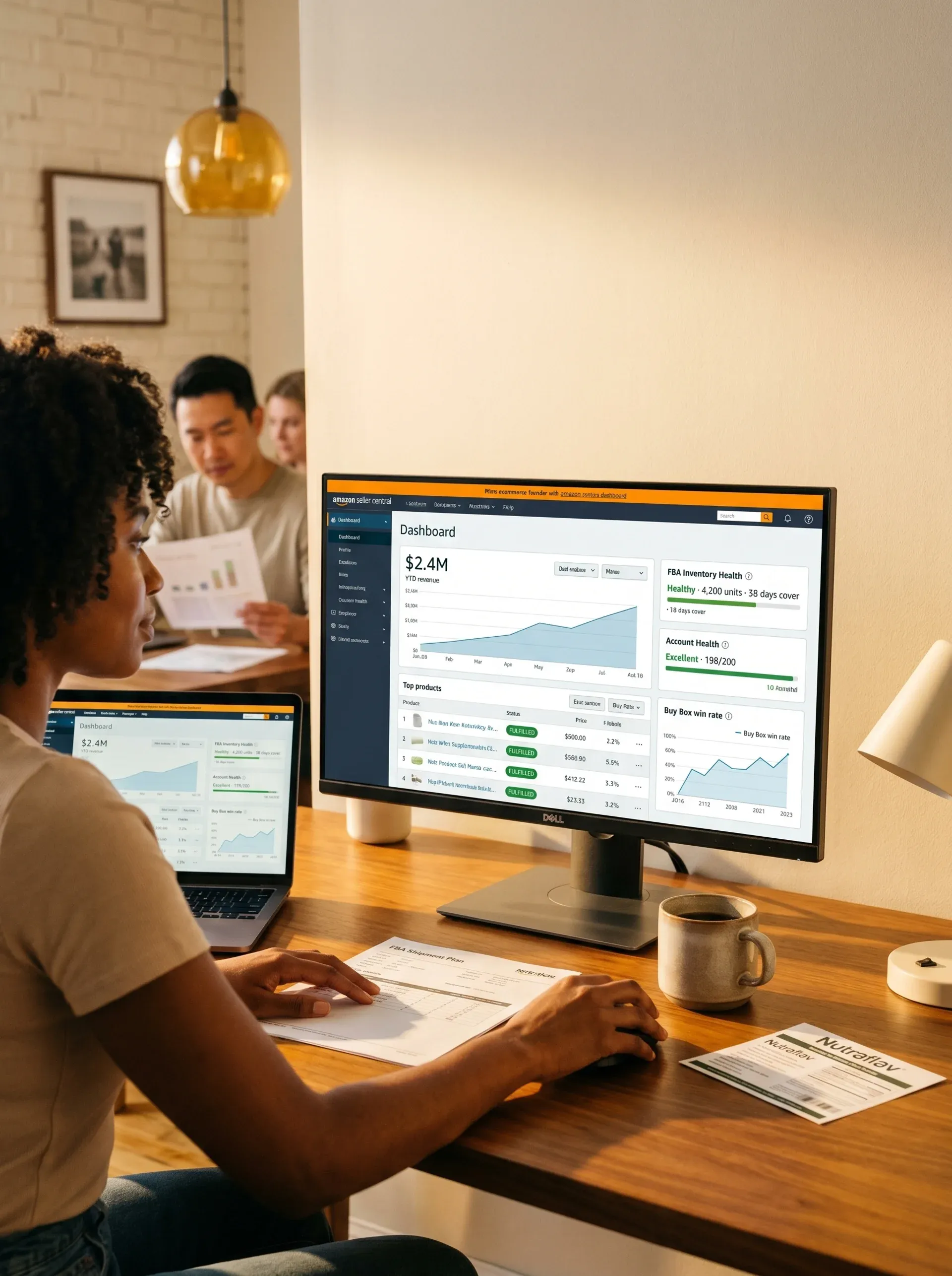 Ecommerce brand founder reviewing Amazon Seller Central dashboard, warm afternoon office light, over-shoulder angle Ecommerce brand founder reviewing Amazon Seller Central dashboard, warm afternoon office light, over-shoulder angle