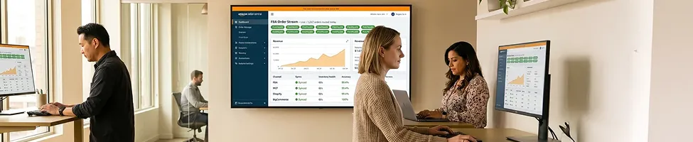 Ecommerce operations team at standing desks reviewing fulfillment data, large windows, wide angle Ecommerce operations team at standing desks reviewing fulfillment data, large windows, wide angle