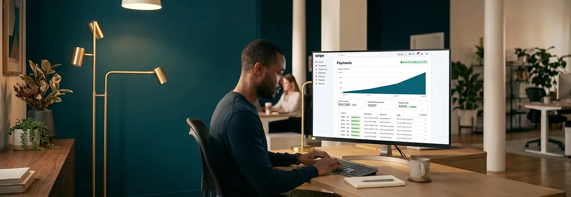 Developer reviewing live Stripe payment integration dashboard at dual monitors Developer reviewing live Stripe payment integration dashboard at dual monitors