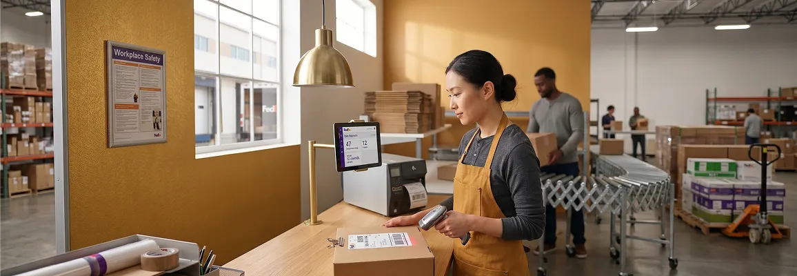 Warehouse team scanning a FedEx shipping label at a packing station, side profile, natural morning light Warehouse team scanning a FedEx shipping label at a packing station, side profile, natural morning light