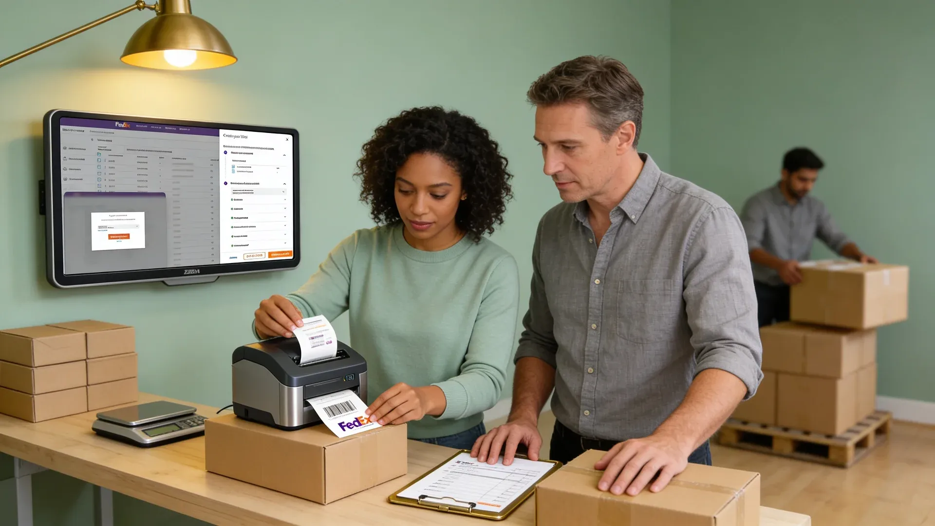 Ecommerce dispatch team during a peak shipping shift, hands working a thermal label printer, side angle, natural warehouse light Ecommerce dispatch team during a peak shipping shift, hands working a thermal label printer, side angle, natural warehouse light