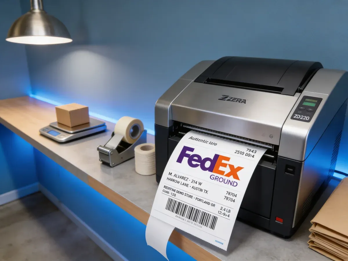 Thermal label printer mid-print at an ecommerce packing station, close-crop, natural overhead light Thermal label printer mid-print at an ecommerce packing station, close-crop, natural overhead light