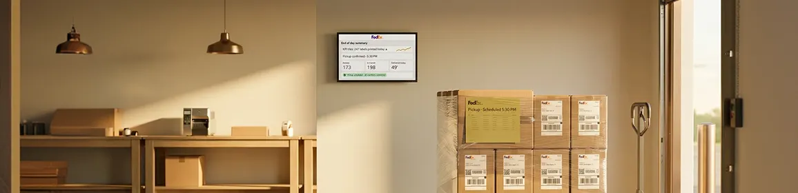 End of shift at an ecommerce warehouse, packages stacked on pallet ready for FedEx pickup, golden hour light through the loading dock End of shift at an ecommerce warehouse, packages stacked on pallet ready for FedEx pickup, golden hour light through the loading dock