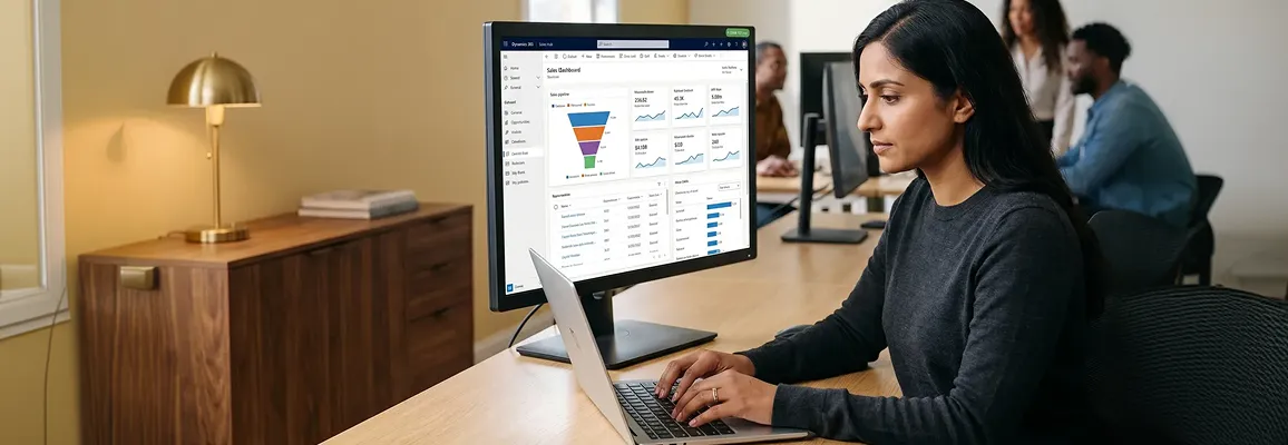 CRM ERP integration consultant at dual monitors reviewing bidirectional sync dashboard showing real-time data flow between Dynamics CRM and NAV, concentrated expression, natural office light CRM ERP integration consultant at dual monitors reviewing bidirectional sync dashboard showing real-time data flow between Dynamics CRM and NAV, concentrated expression, natural office light