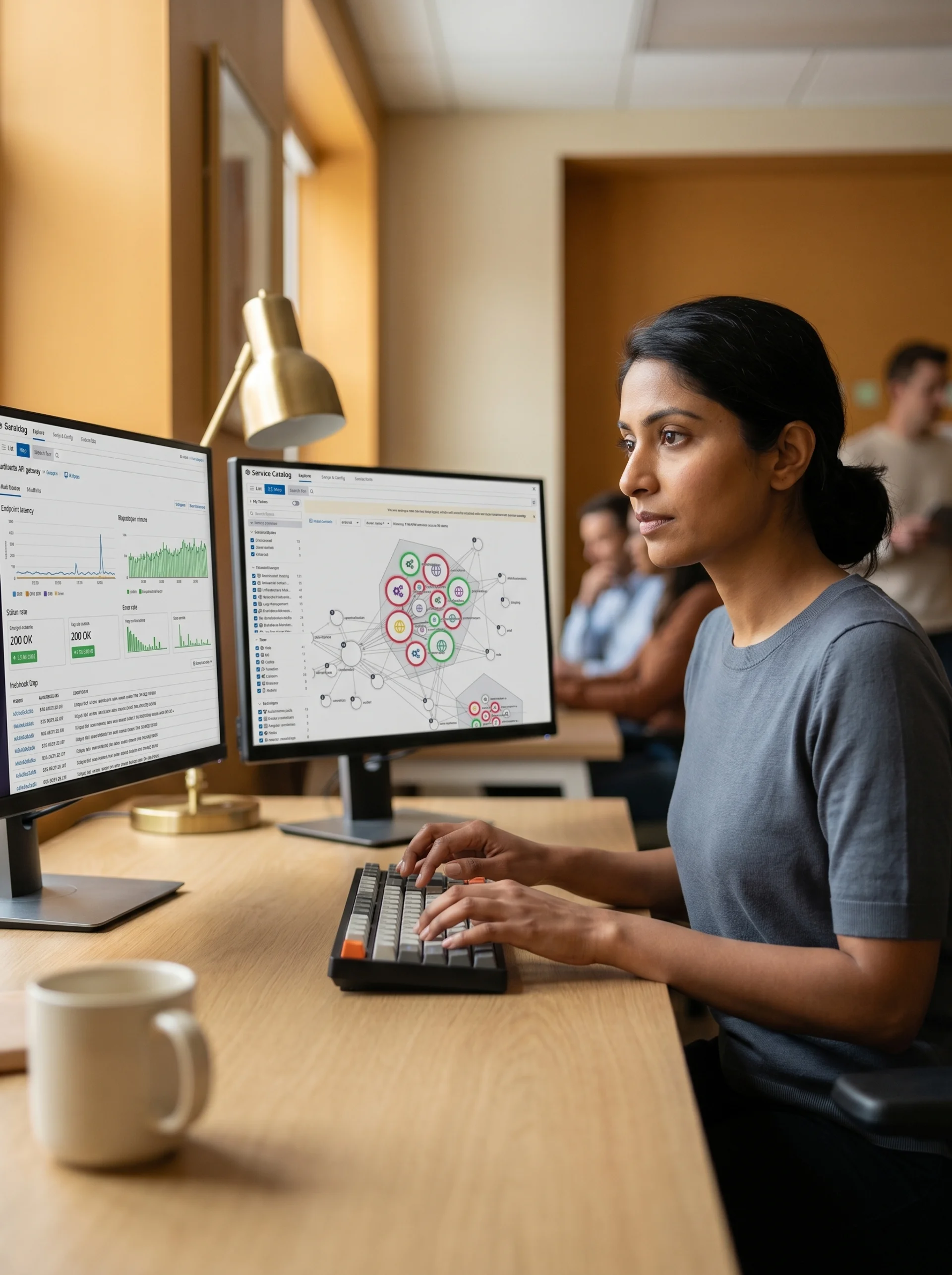 API integration engineer reviewing real-time gateway dashboard with endpoint latency and webhook logs API integration engineer reviewing real-time gateway dashboard with endpoint latency and webhook logs