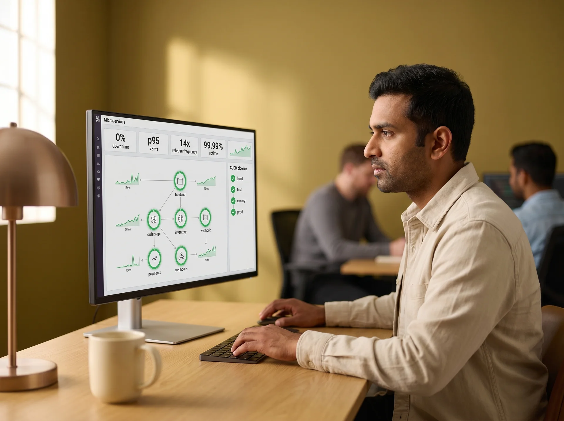 AWS cloud architect monitoring EKS microservices dashboard with CloudWatch graphs and deployment pipeline status AWS cloud architect monitoring EKS microservices dashboard with CloudWatch graphs and deployment pipeline status