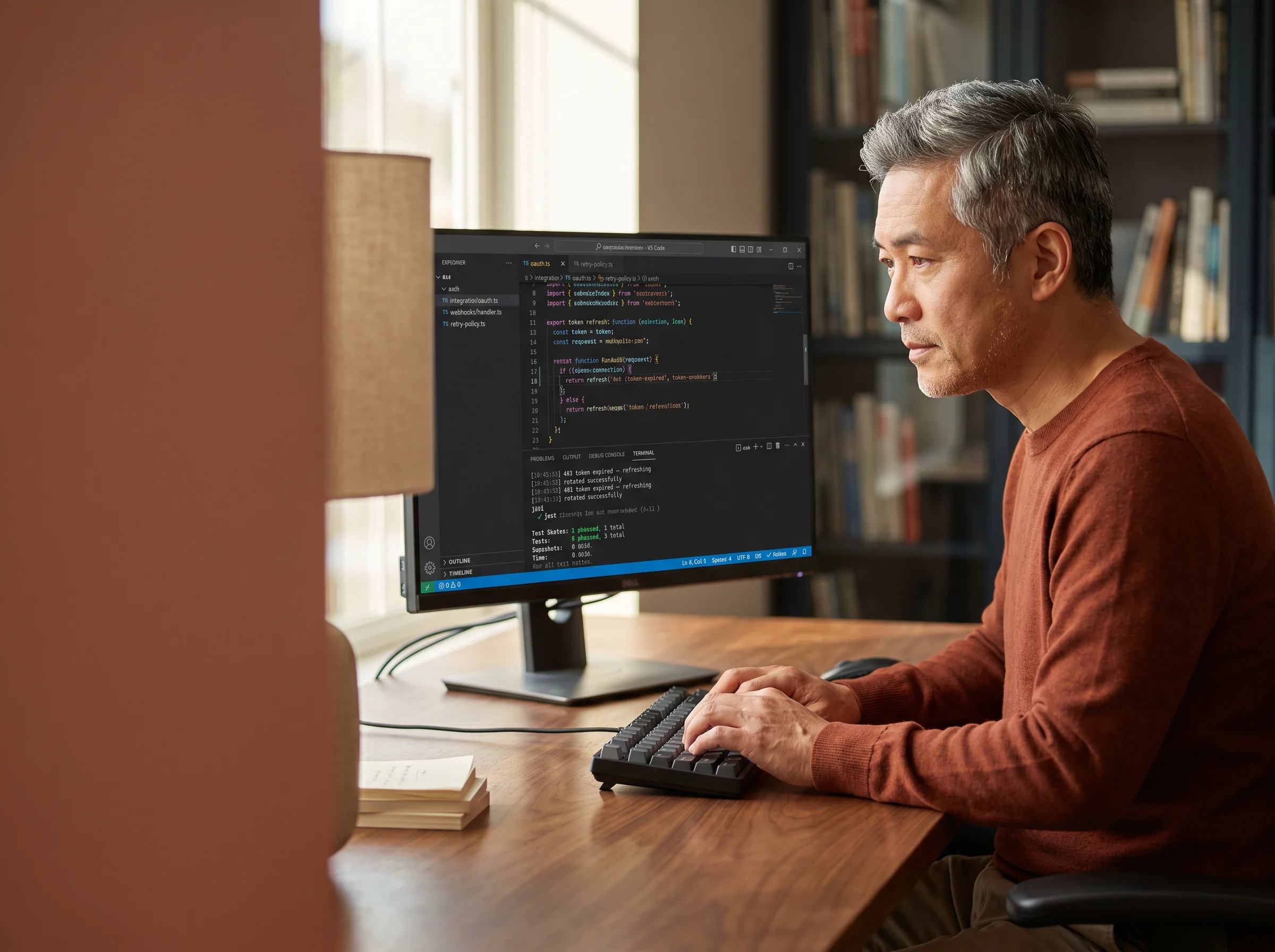 Integration team reviewing API architecture on wall display with code editor Integration team reviewing API architecture on wall display with code editor