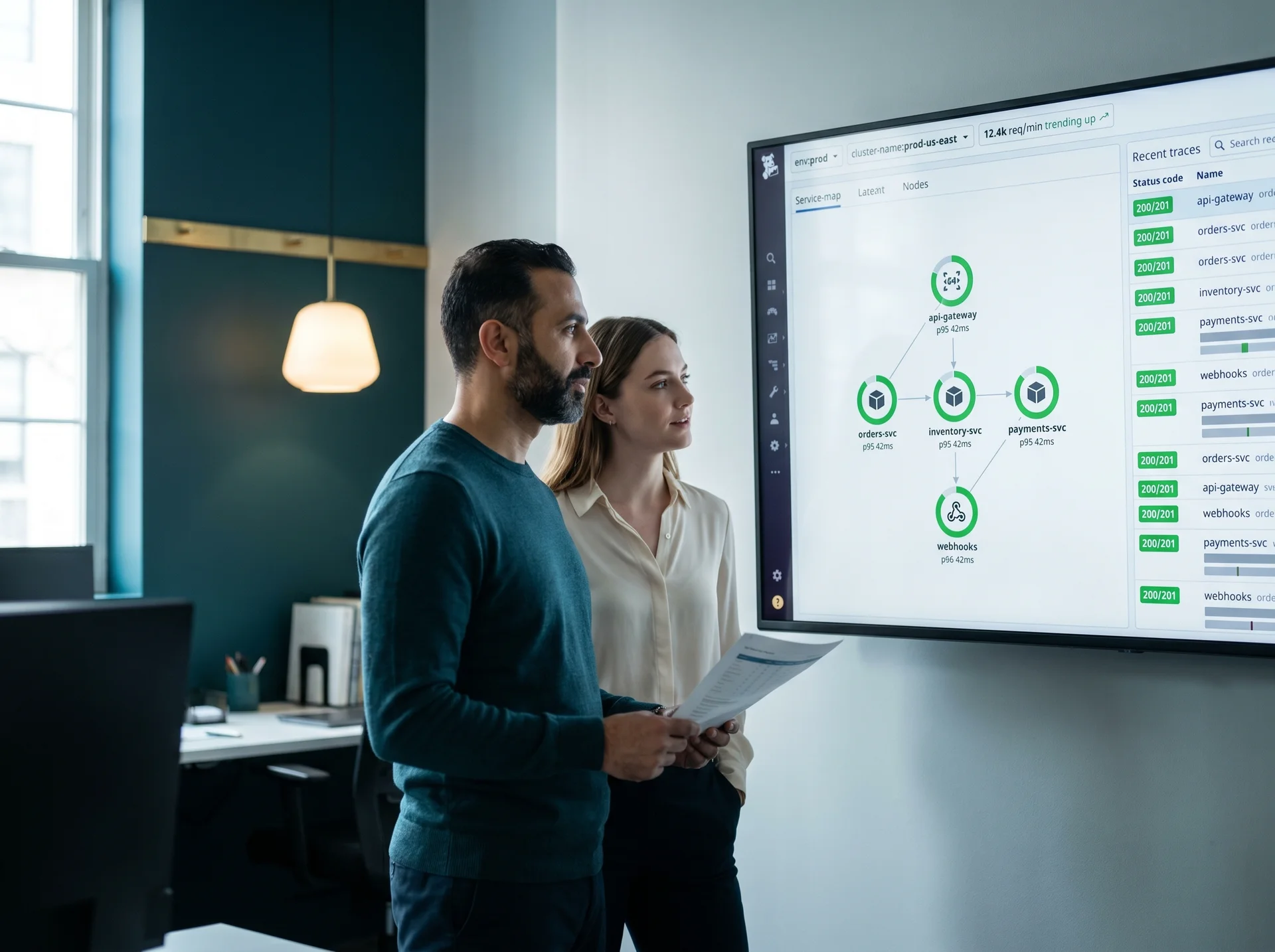 Operations lead reviewing integration monitoring dashboard with latency graphs and throughput counters Operations lead reviewing integration monitoring dashboard with latency graphs and throughput counters