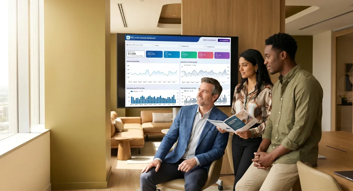 Marketing team reviewing multi-channel campaign performance showing significant revenue growth milestone, natural office light Marketing team reviewing multi-channel campaign performance showing significant revenue growth milestone, natural office light