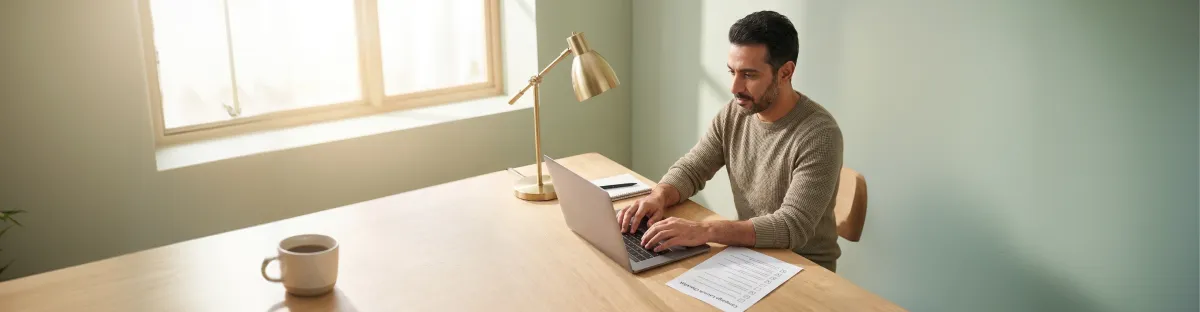 Marketing manager reviewing campaign launch checklist at laptop, calm confidence, natural morning window light Marketing manager reviewing campaign launch checklist at laptop, calm confidence, natural morning window light