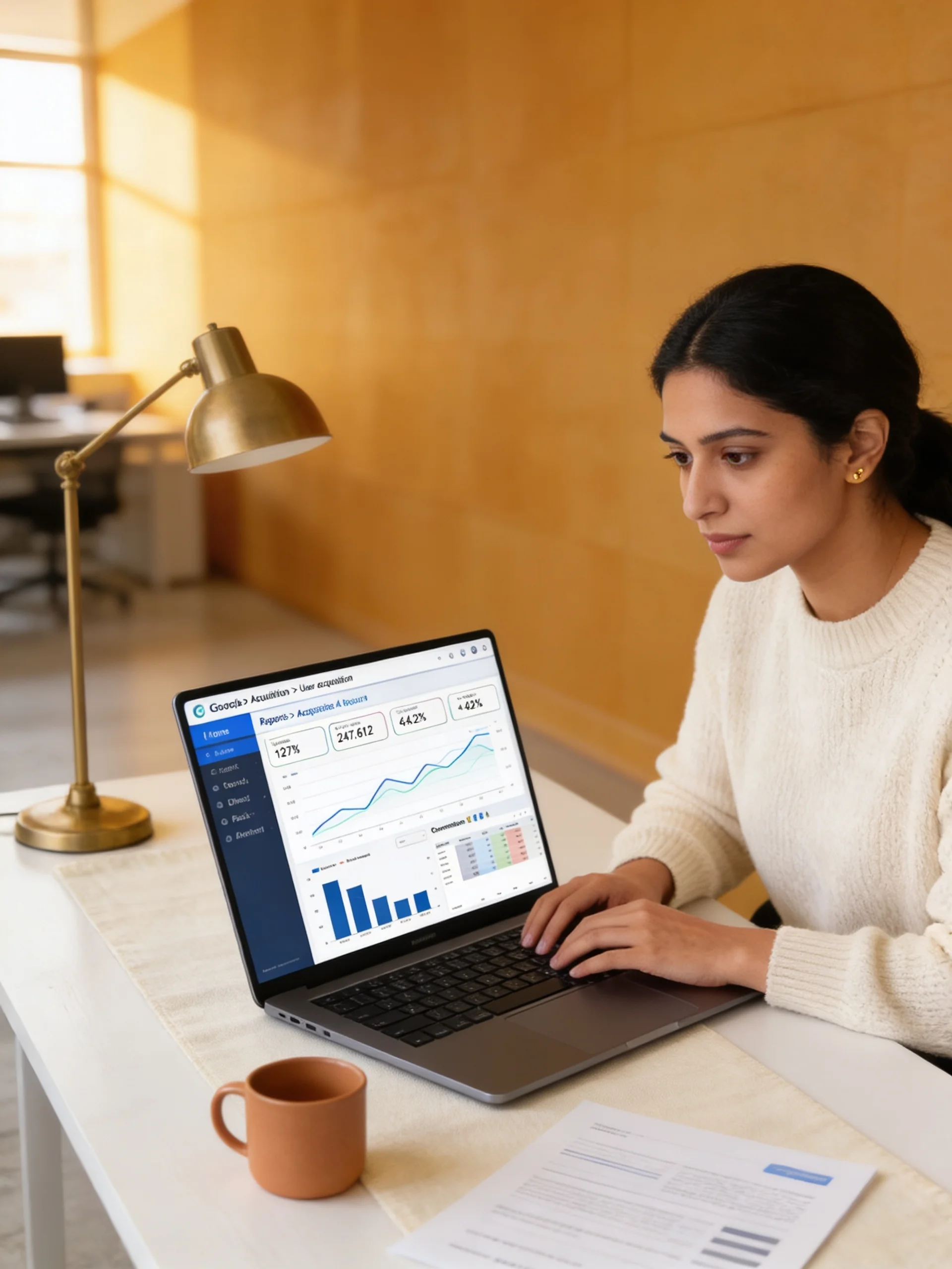 Marketing analyst reviewing a GA4 audit dashboard showing traffic, conversion, and campaign performance