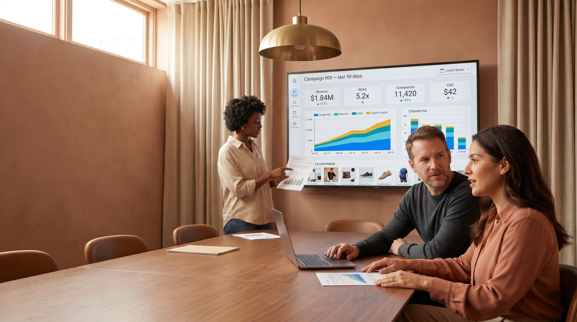Digital marketing team reviewing campaign ROI results across Google Ads and SEO dashboards