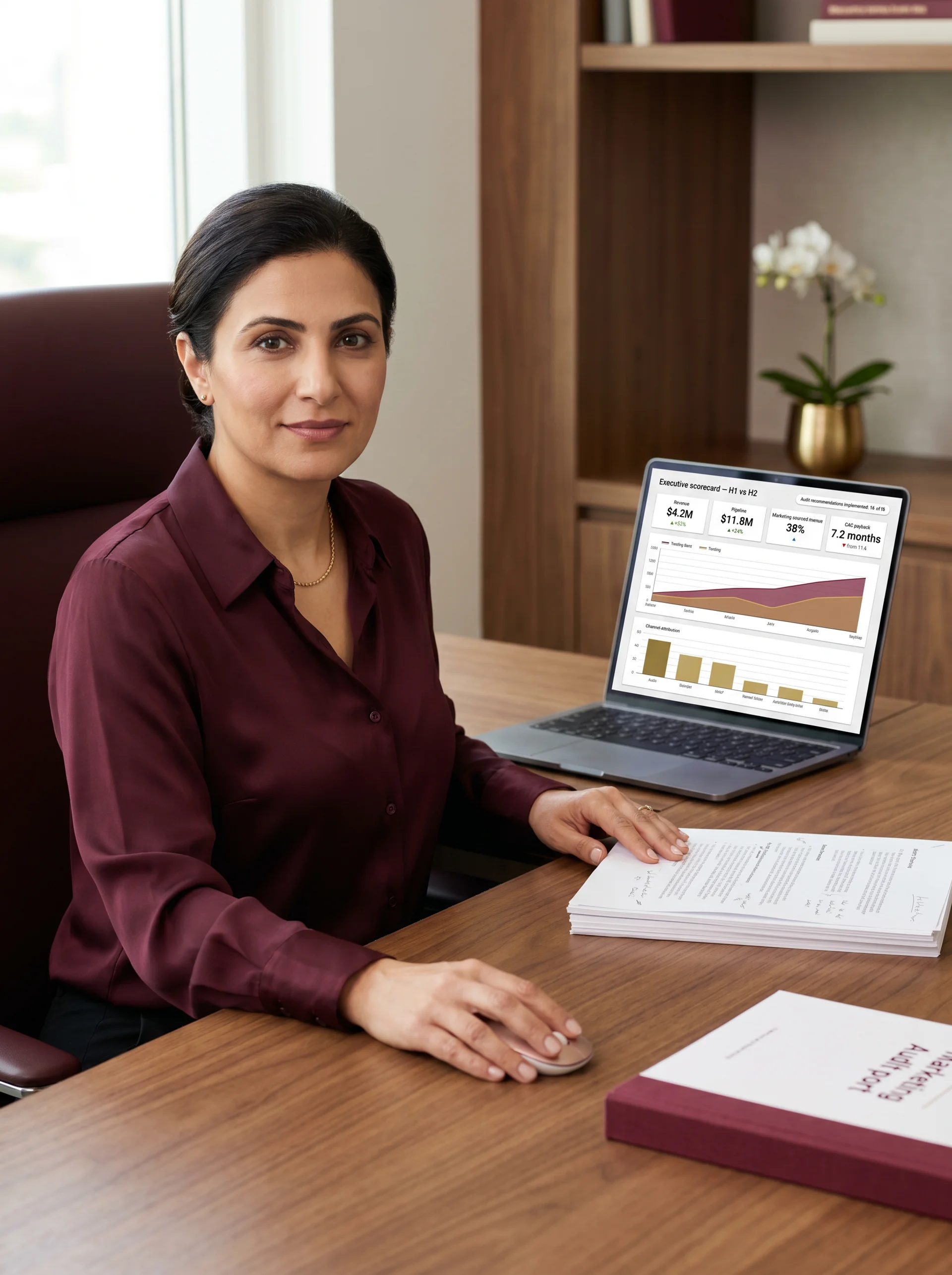 Marketing director reviewing a comprehensive audit report with growth metrics and revenue uplift data