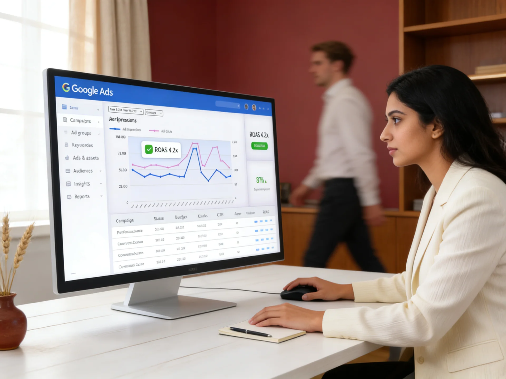 Marketing strategist reviewing Google Ads campaign dashboard with performance metrics Marketing strategist reviewing Google Ads campaign dashboard with performance metrics