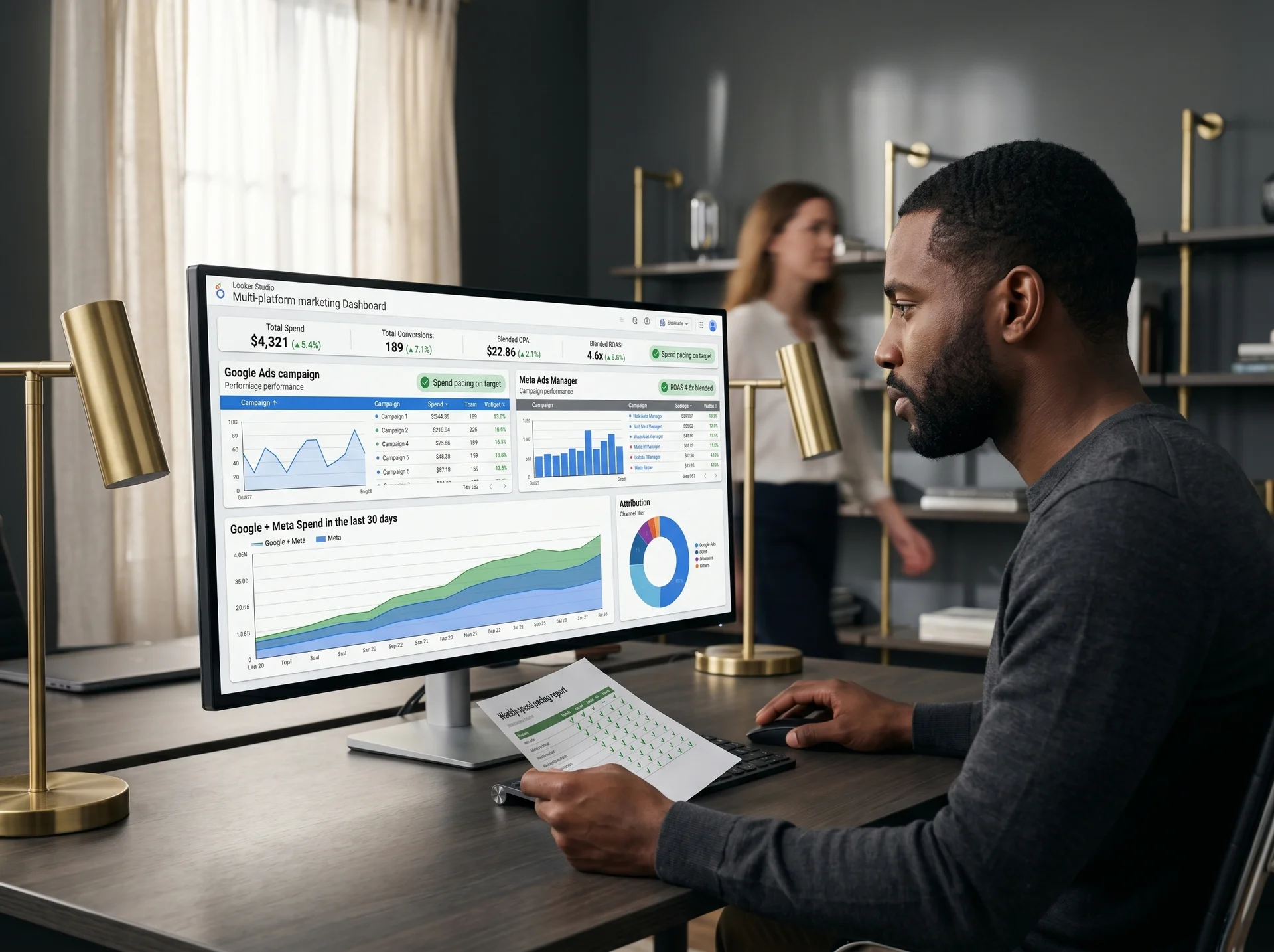 Marketing analyst reviewing multi-platform ad spend ROI across Google Ads and Meta dashboards Marketing analyst reviewing multi-platform ad spend ROI across Google Ads and Meta dashboards