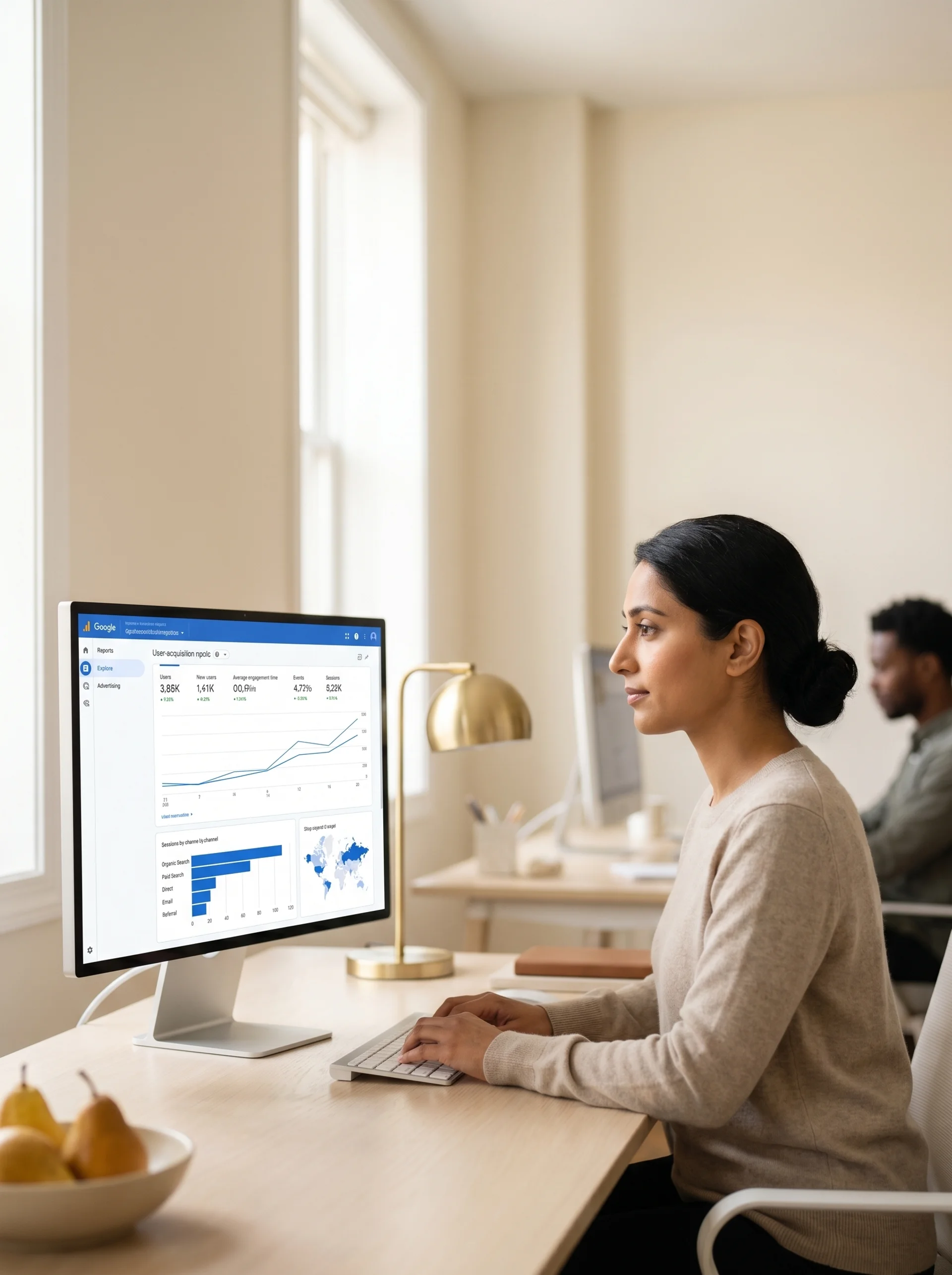 Marketing strategist reviewing GA4 analytics dashboard showing campaign growth Marketing strategist reviewing GA4 analytics dashboard showing campaign growth
