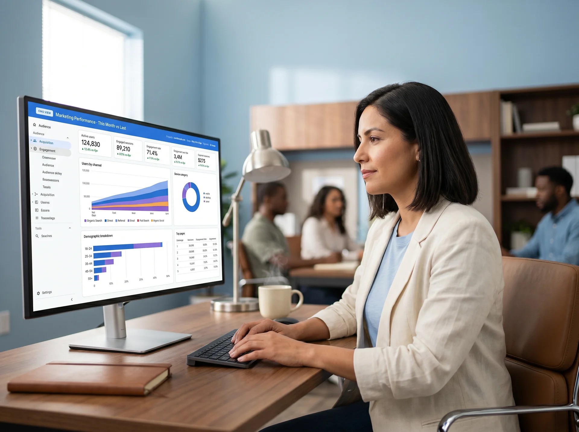 Website traffic analytics showing audience insights and channel breakdown Website traffic analytics showing audience insights and channel breakdown