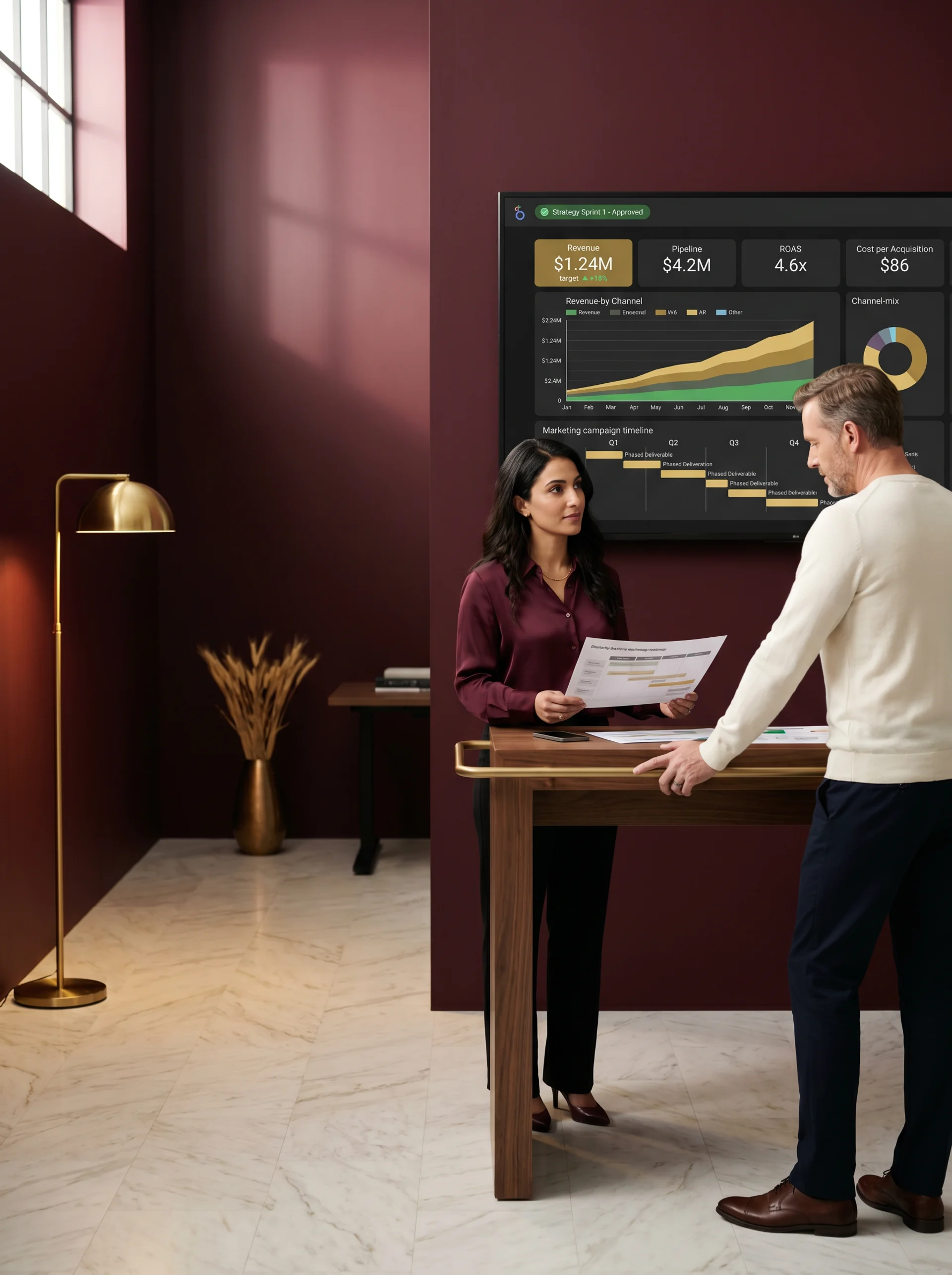 Marketing solutions planning session on large screen showing integrated campaign dashboard
