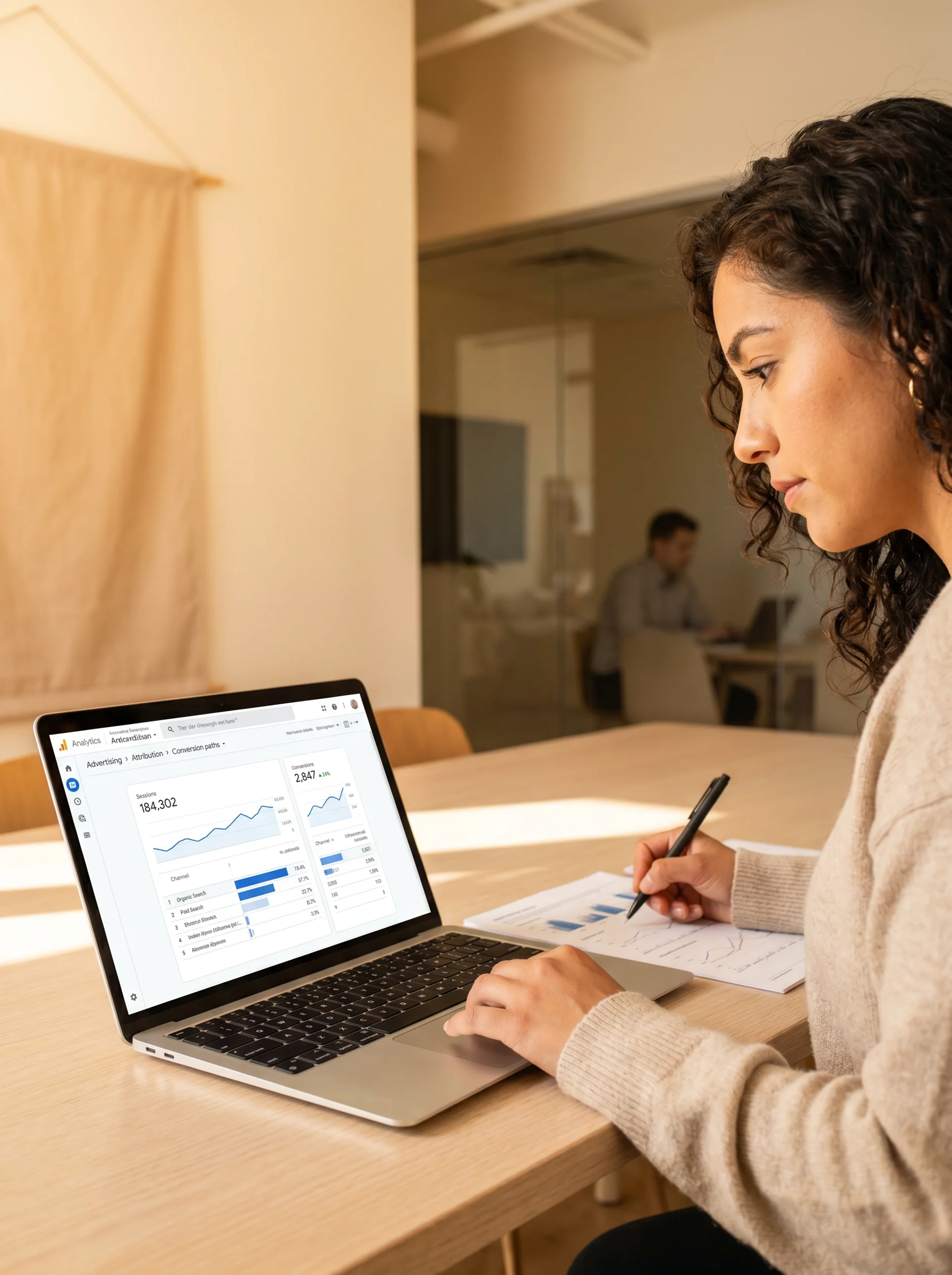 A digital marketing strategist reviewing a GA4 attribution dashboard and channel performance report on a laptop in a daylit workspace