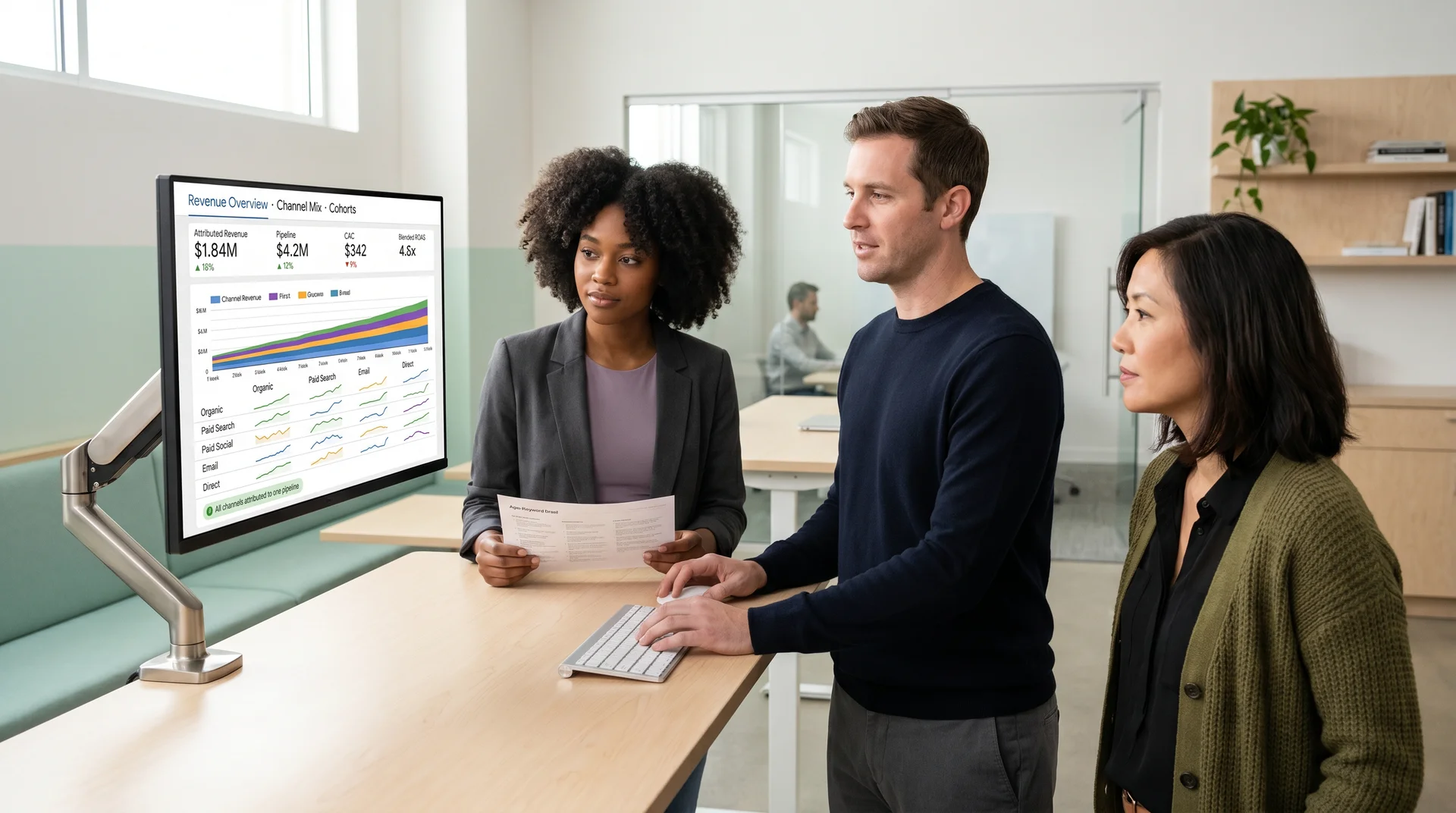 A diverse marketing pod, an SEO strategist, a paid media specialist, and a lifecycle marketer, reviewing a shared revenue dashboard on a large monitor