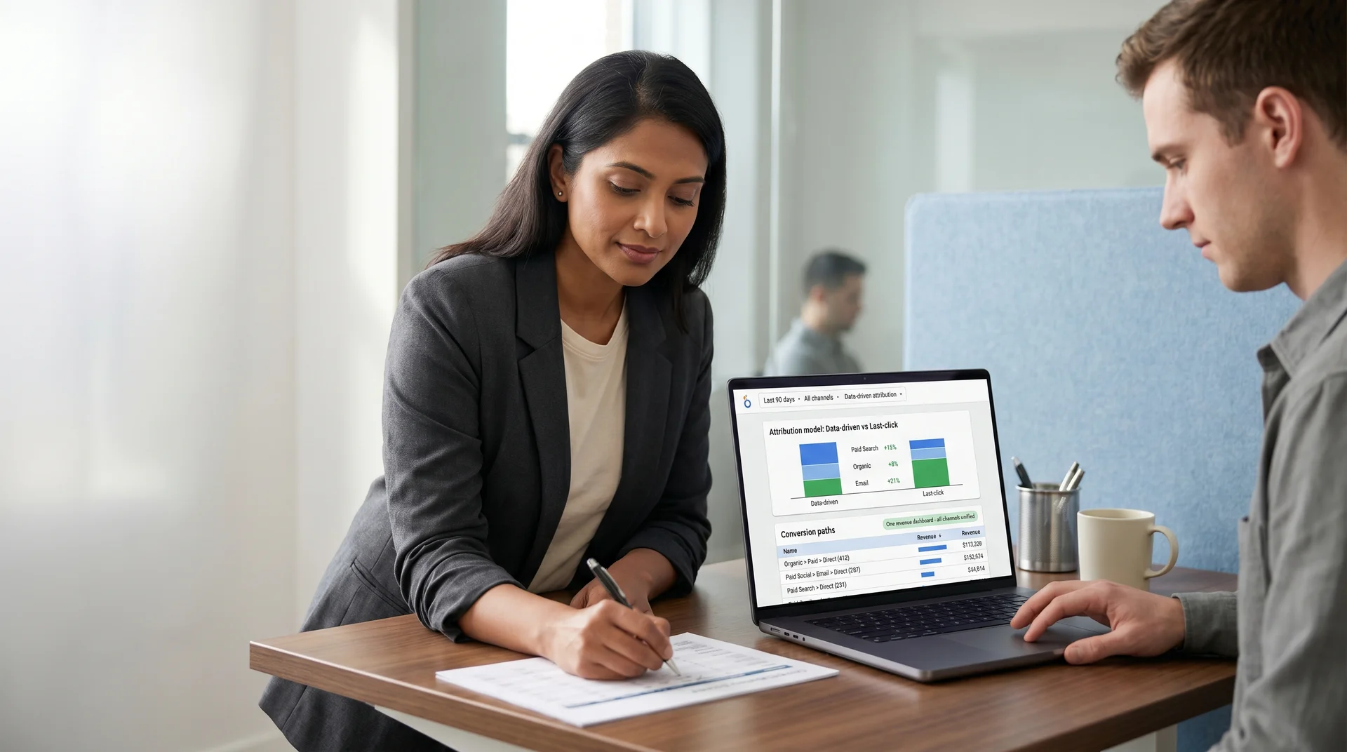 A senior marketing strategist and a performance analyst reviewing a unified revenue dashboard with multi-channel attribution