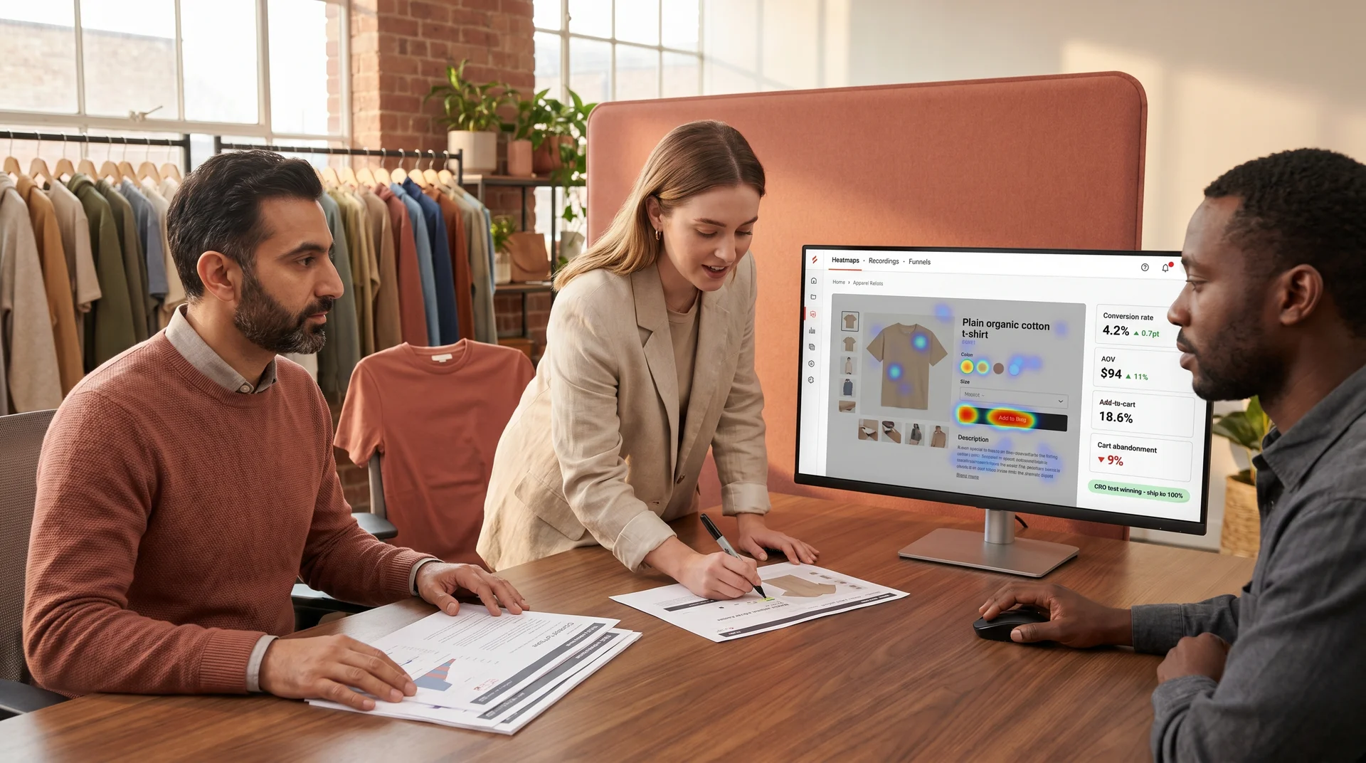 The CCTV Security Pros ecommerce team reviewing a conversion rate optimization report against a live revenue dashboard