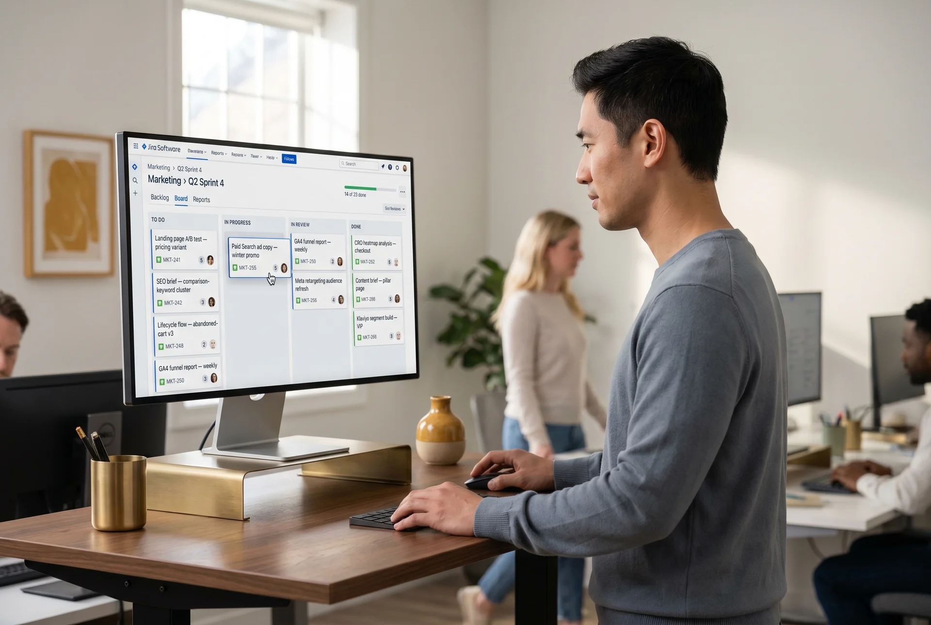 A marketing sprint board showing landing page builds, A/B tests, SEO briefs, and lifecycle flows in progress across columns
