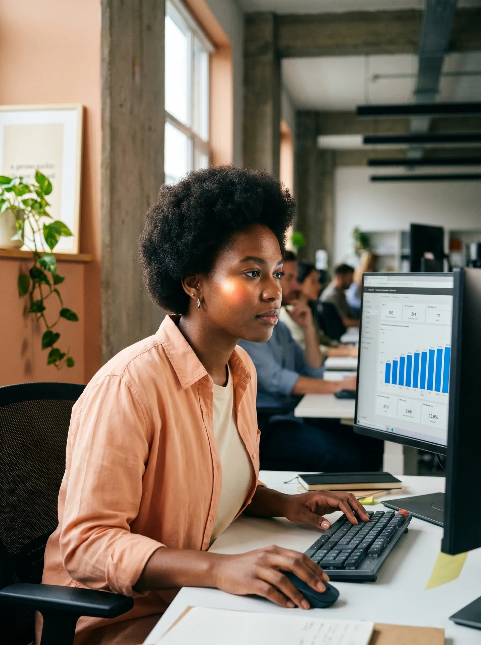 Report developer reviewing a Power BI canvas Report developer reviewing a Power BI canvas