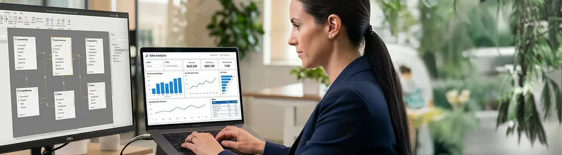 A Power BI engineer working in Power BI Desktop with Data Analysis Expressions measure editor and model view open A Power BI engineer working in Power BI Desktop with Data Analysis Expressions measure editor and model view open