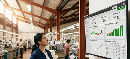 Textile manufacturing floor with a Power BI production margin dashboard overlay Textile manufacturing floor with a Power BI production margin dashboard overlay