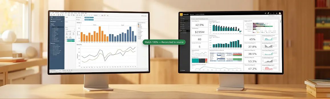 Power BI report side by side with legacy Tableau dashboard showing reconciled matched numbers Power BI report side by side with legacy Tableau dashboard showing reconciled matched numbers
