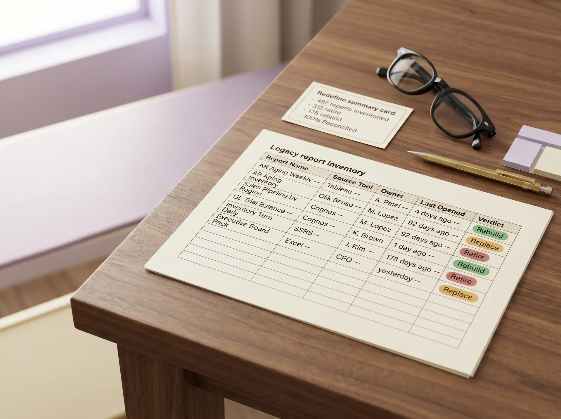 Legacy report inventory deliverable showing retire rebuild replace verdicts Legacy report inventory deliverable showing retire rebuild replace verdicts