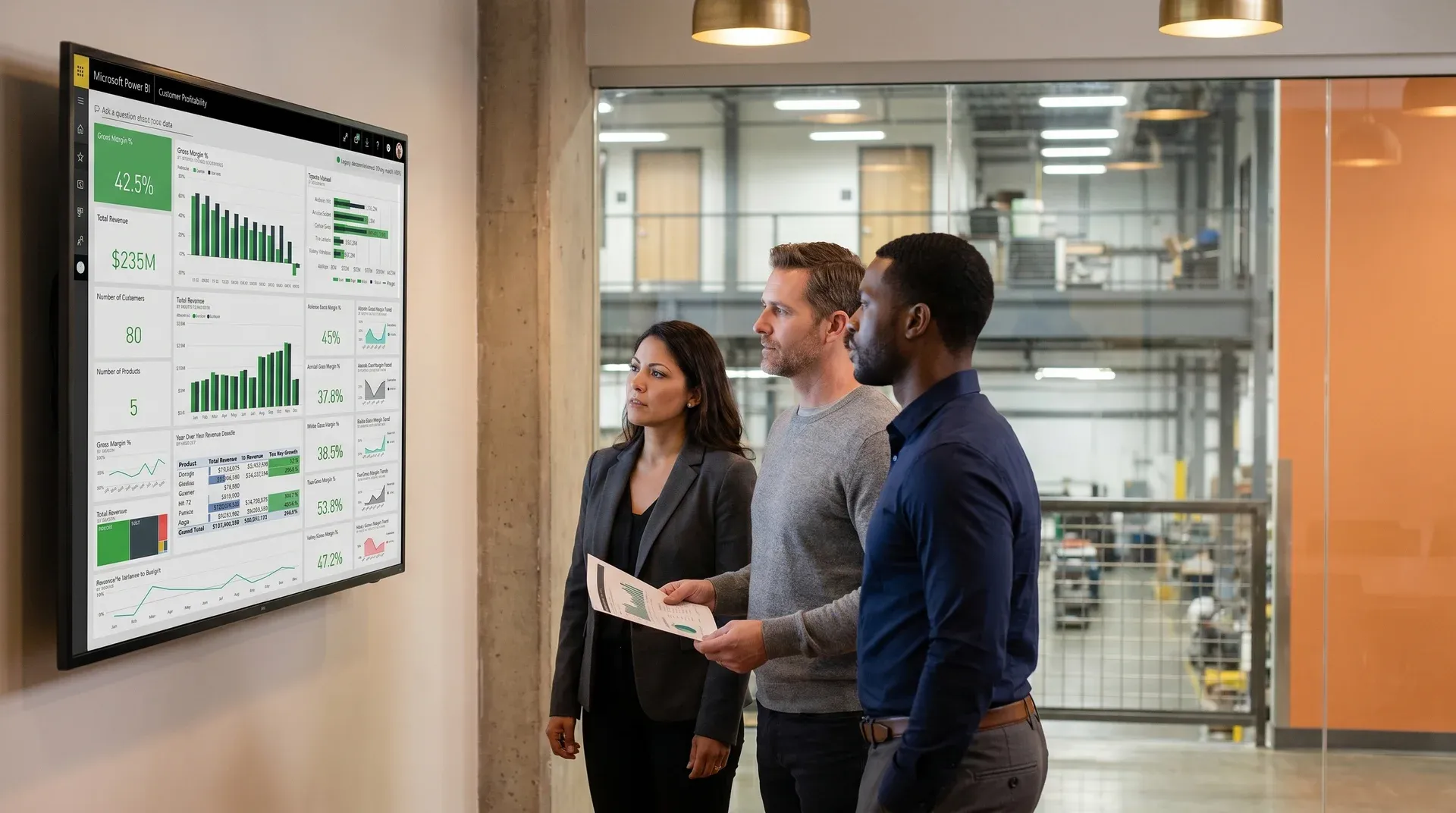 Manufacturing finance team reviewing migrated Power BI report on wall monitor Manufacturing finance team reviewing migrated Power BI report on wall monitor