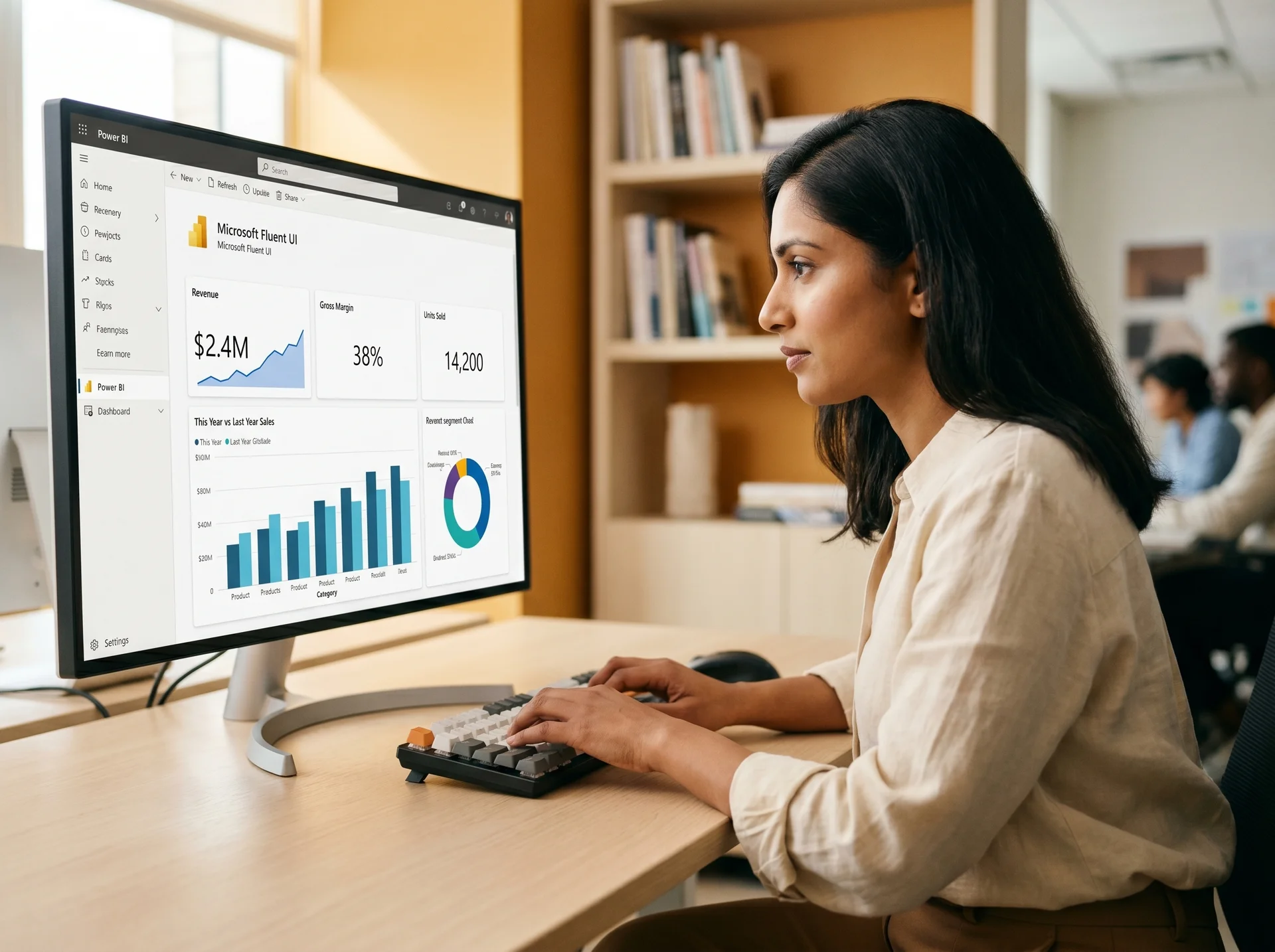 South Asian data analyst reviewing a Power BI dashboard with multiple monitors showing KPI charts South Asian data analyst reviewing a Power BI dashboard with multiple monitors showing KPI charts