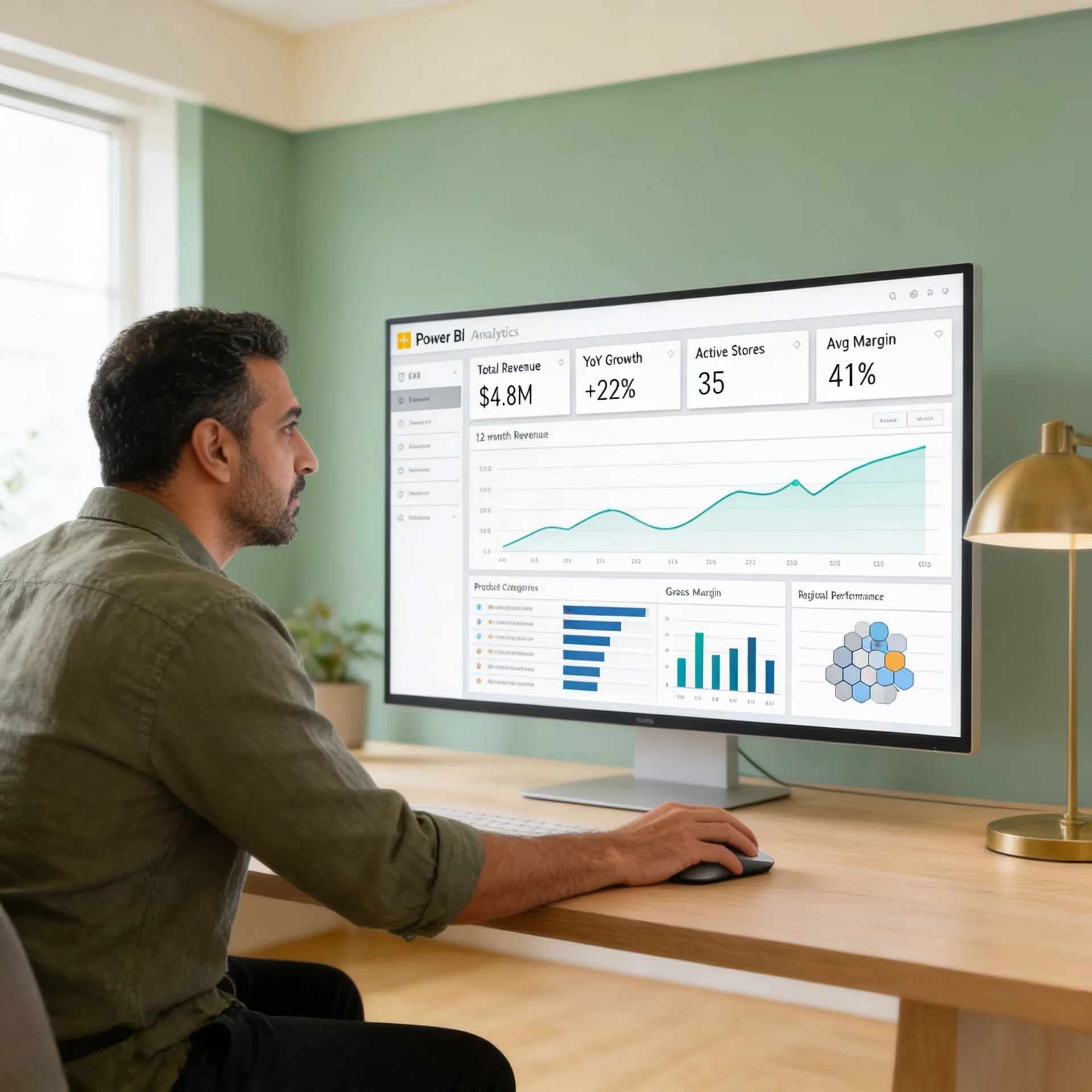 Executive reviewing real-time data visualizations on a widescreen Power BI monitor Executive reviewing real-time data visualizations on a widescreen Power BI monitor