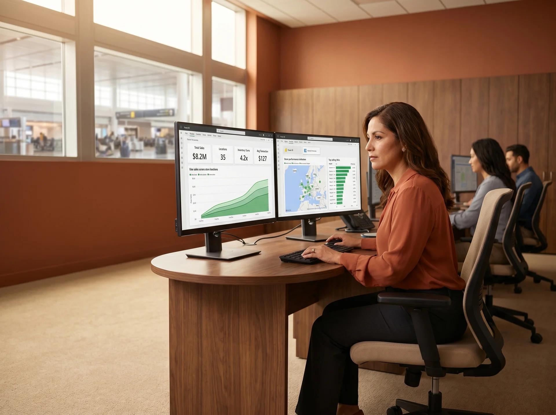 Airport retail operations manager viewing live Power BI dashboards across 35 store locations Airport retail operations manager viewing live Power BI dashboards across 35 store locations