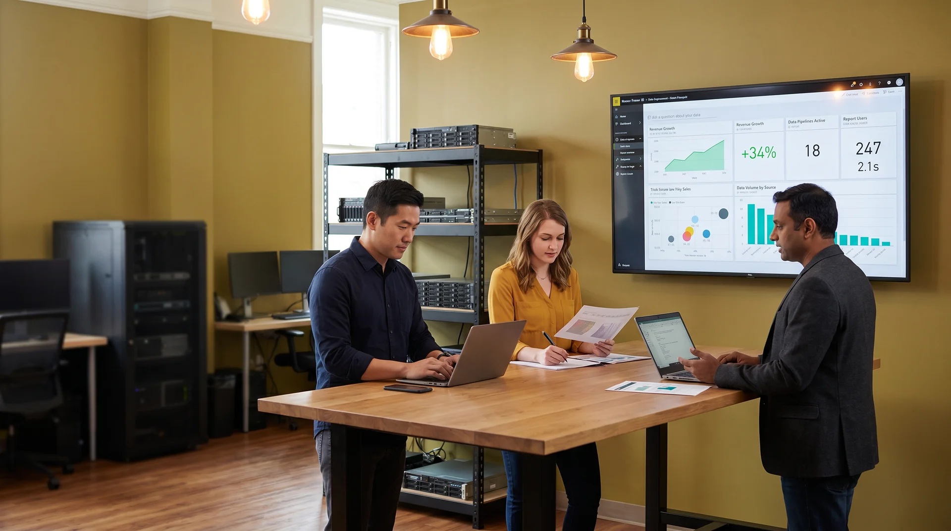 Mixed-ethnicity data engineering team building an analytics pipeline in a modern office with Power BI screens