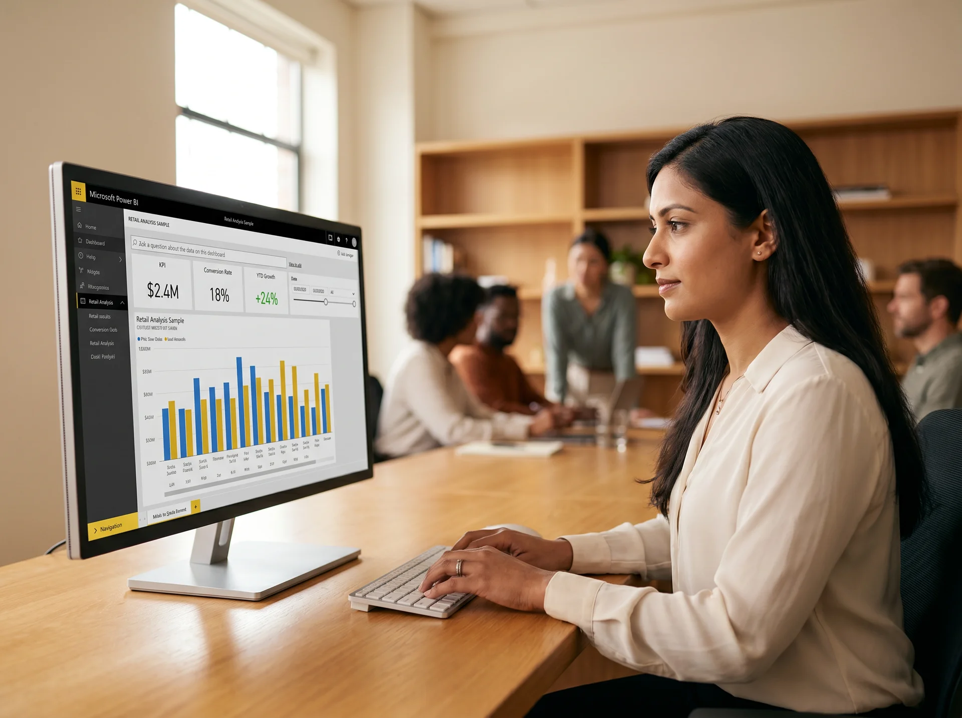 South Asian analyst reviewing Power BI pricing dashboard in office South Asian analyst reviewing Power BI pricing dashboard in office
