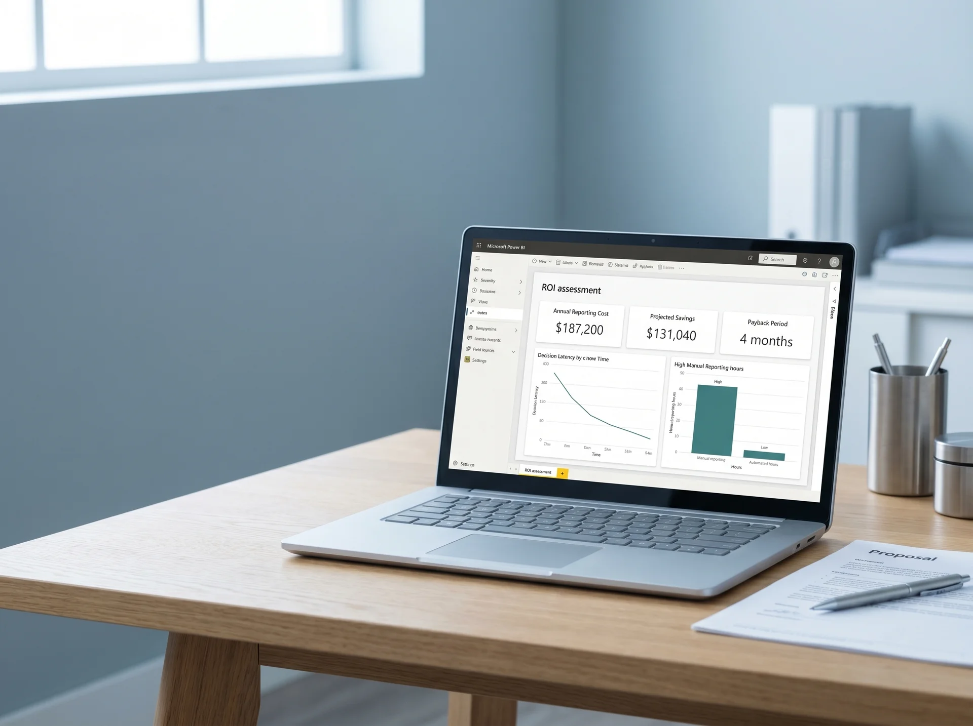 Power BI ROI assessment report displayed on laptop screen Power BI ROI assessment report displayed on laptop screen