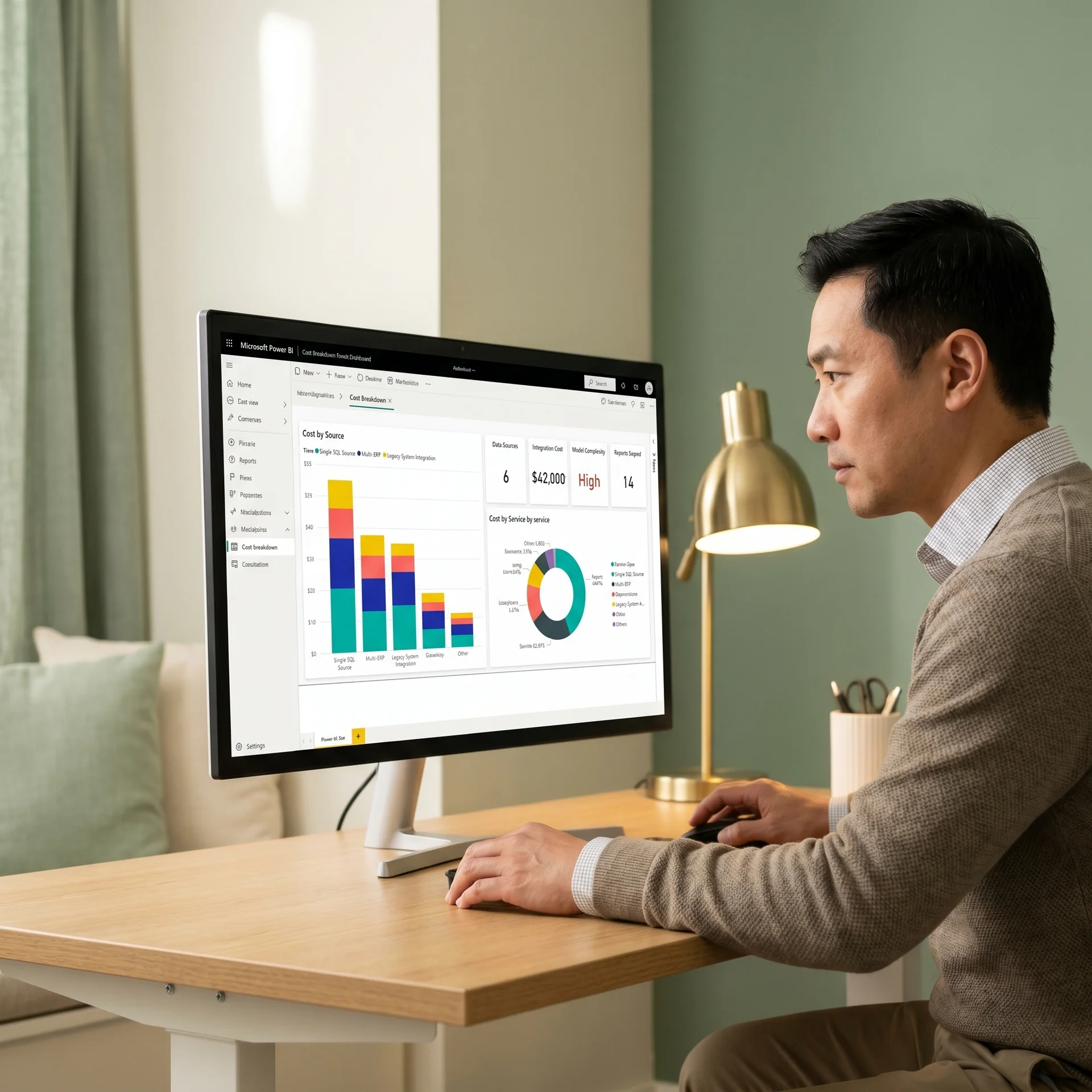 Power BI dashboard showing service cost breakdown and data sources Power BI dashboard showing service cost breakdown and data sources