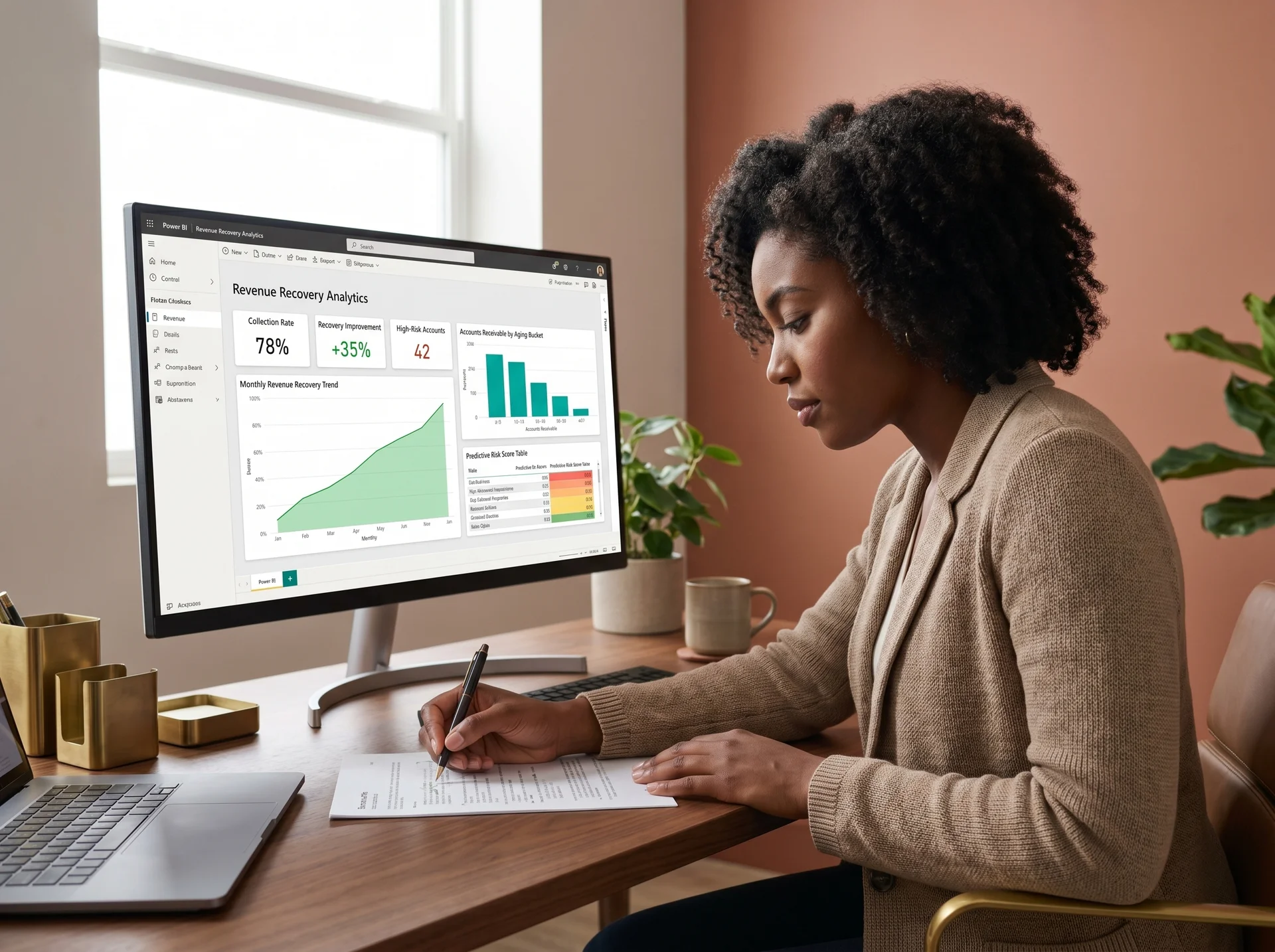 Black data analyst reviewing Power BI revenue recovery analytics dashboard Black data analyst reviewing Power BI revenue recovery analytics dashboard