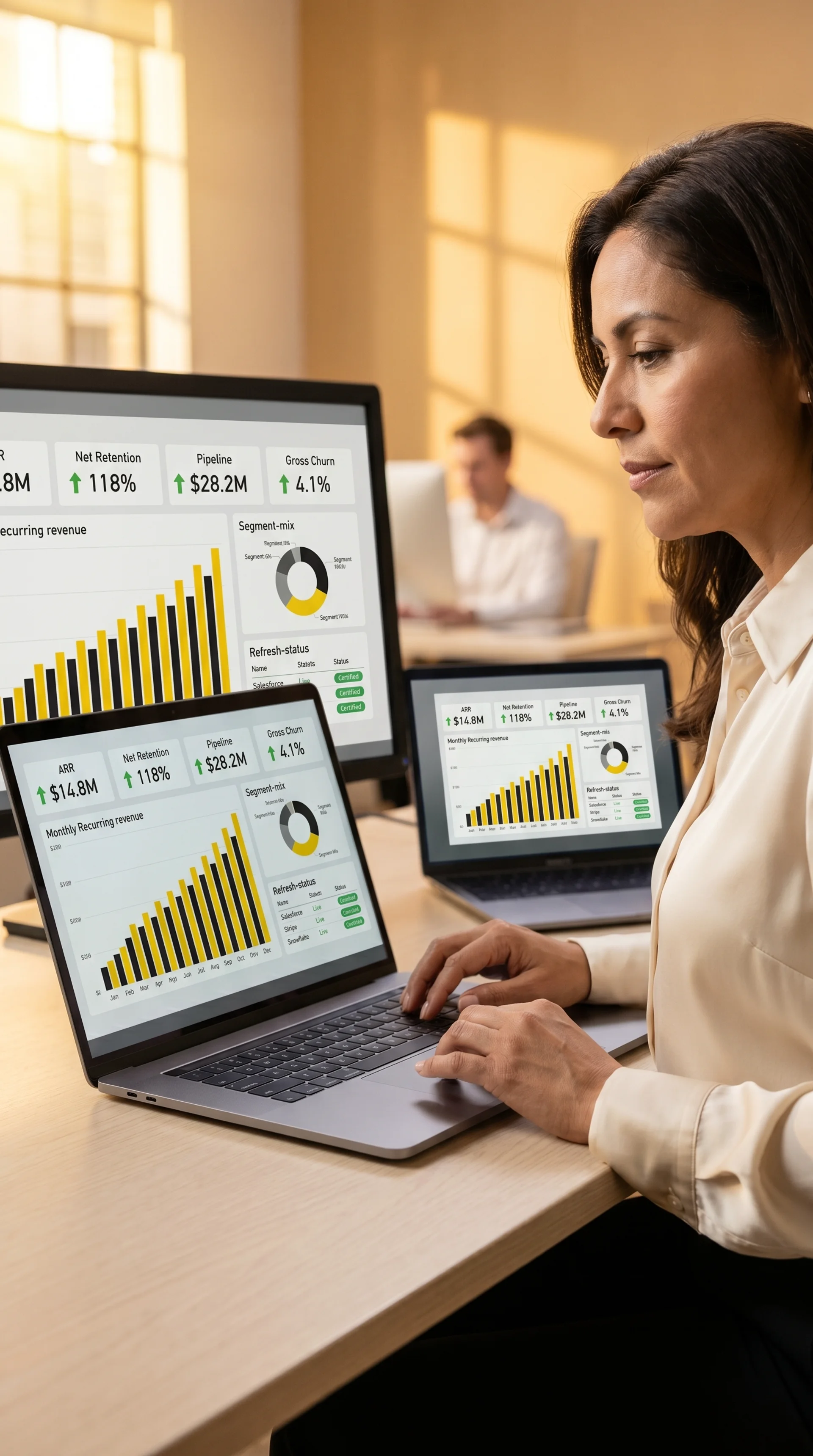 A finance director reviewing a Power BI executive dashboard with revenue, churn, and pipeline key performance indicators visible on the screen.