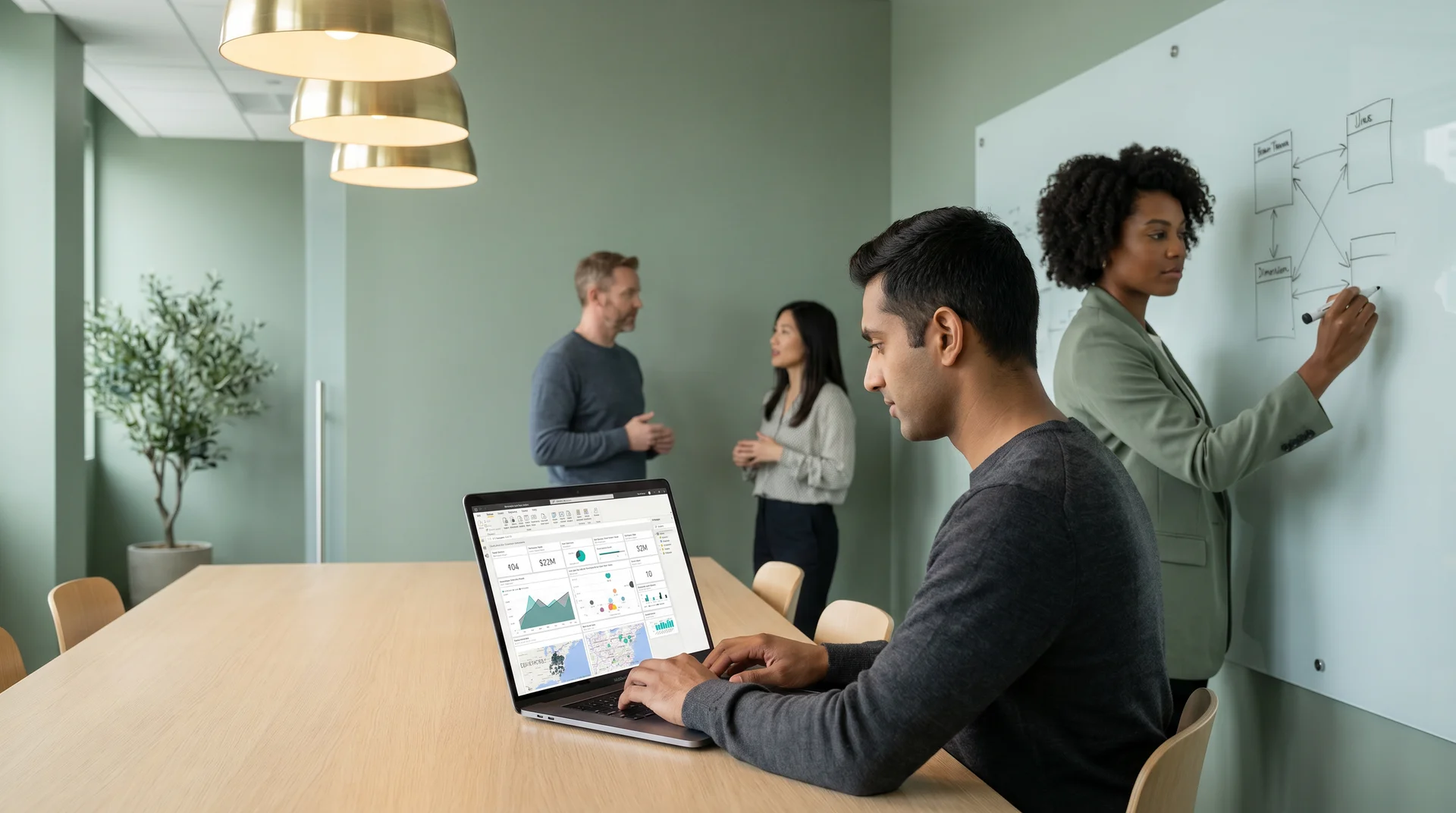 An implementation team mapping a Power BI semantic model on a whiteboard, with laptops showing DAX measure code in the foreground.