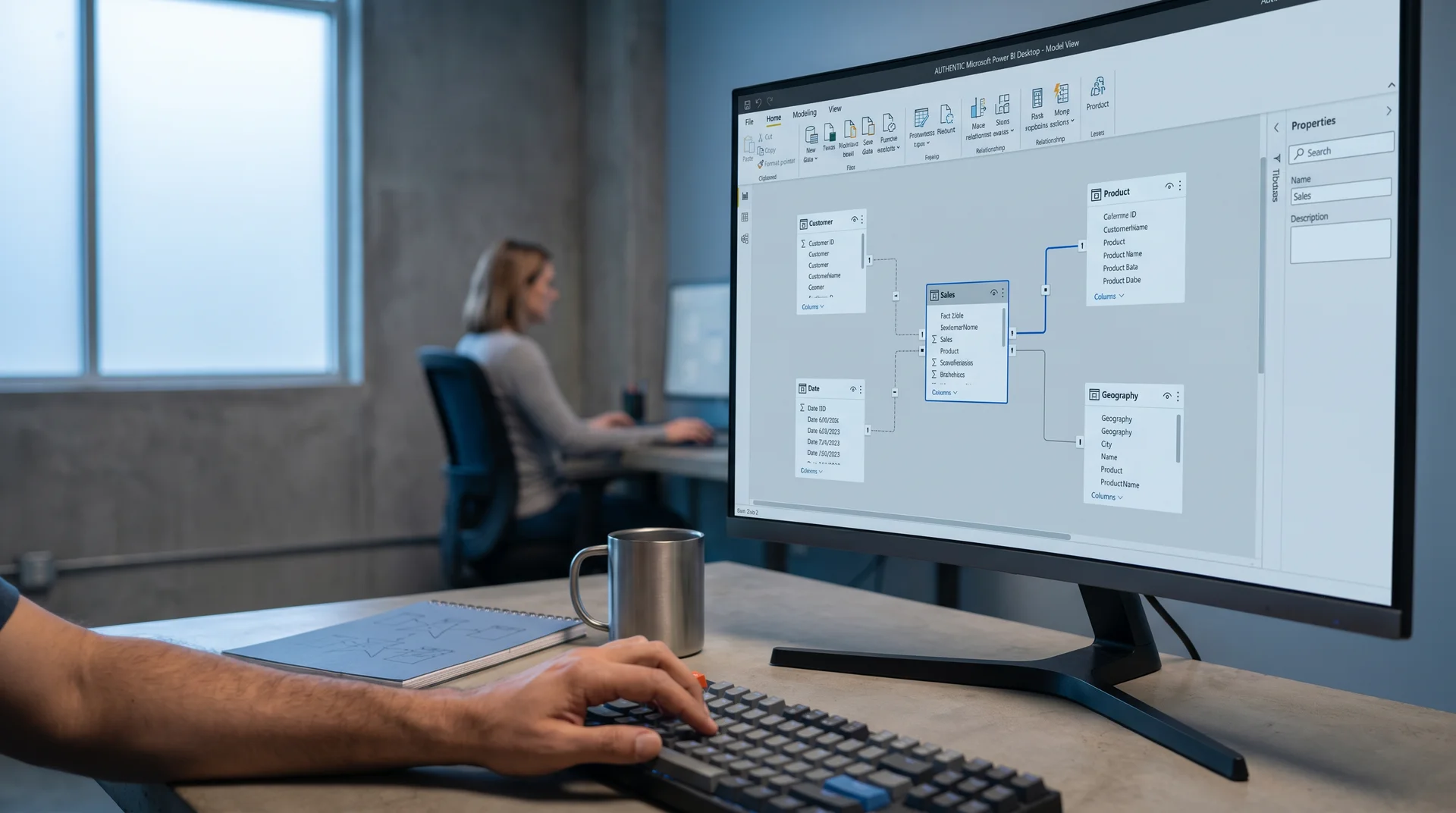 A Power BI semantic model diagram on a monitor showing a star schema with a Sales fact table at the center and Customer, Date, Product, and Geography dimension tables.