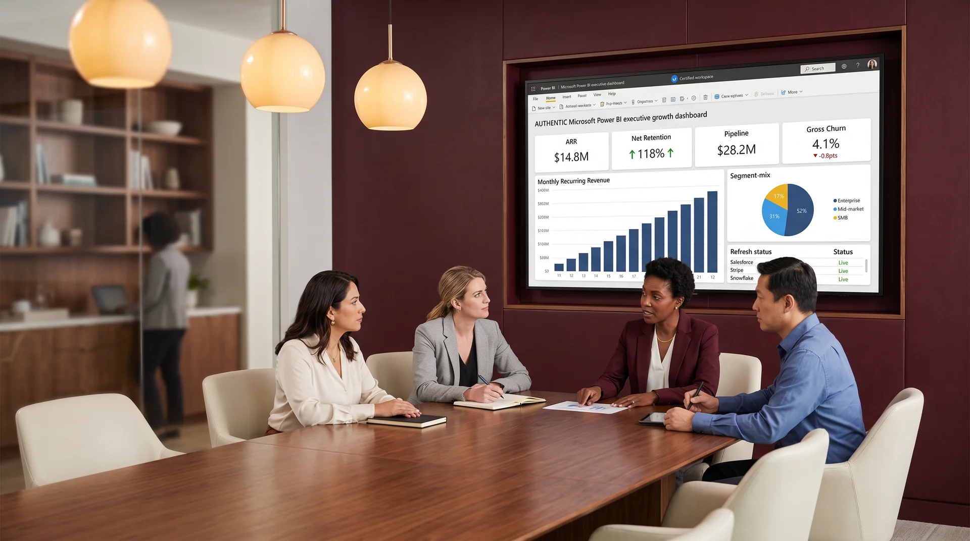 A SaaS leadership team standing in a modern office reviewing an executive Power BI dashboard projected on a large wall screen showing annual recurring revenue, churn, and pipeline.