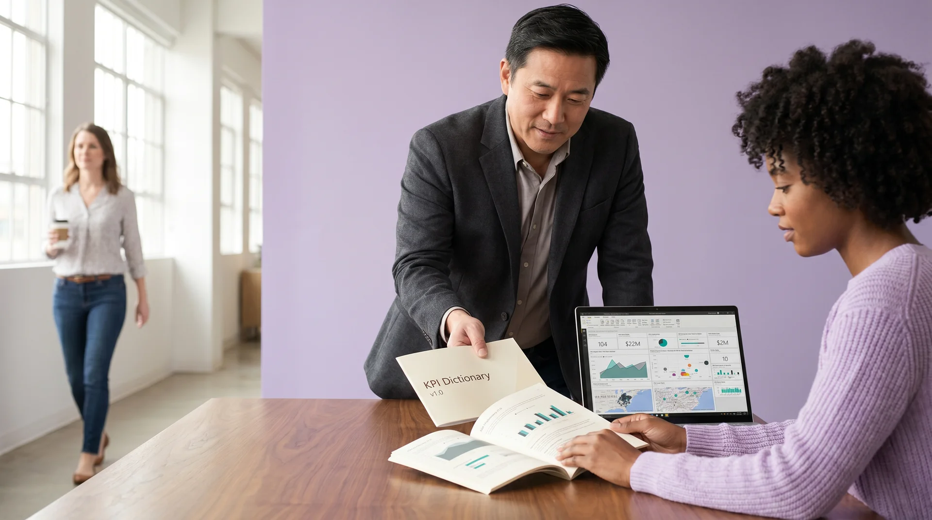 A senior Power BI consultant handing a printed key performance indicator dictionary and runbook to a client analyst at a conference table, with a laptop showing an executive dashboard.