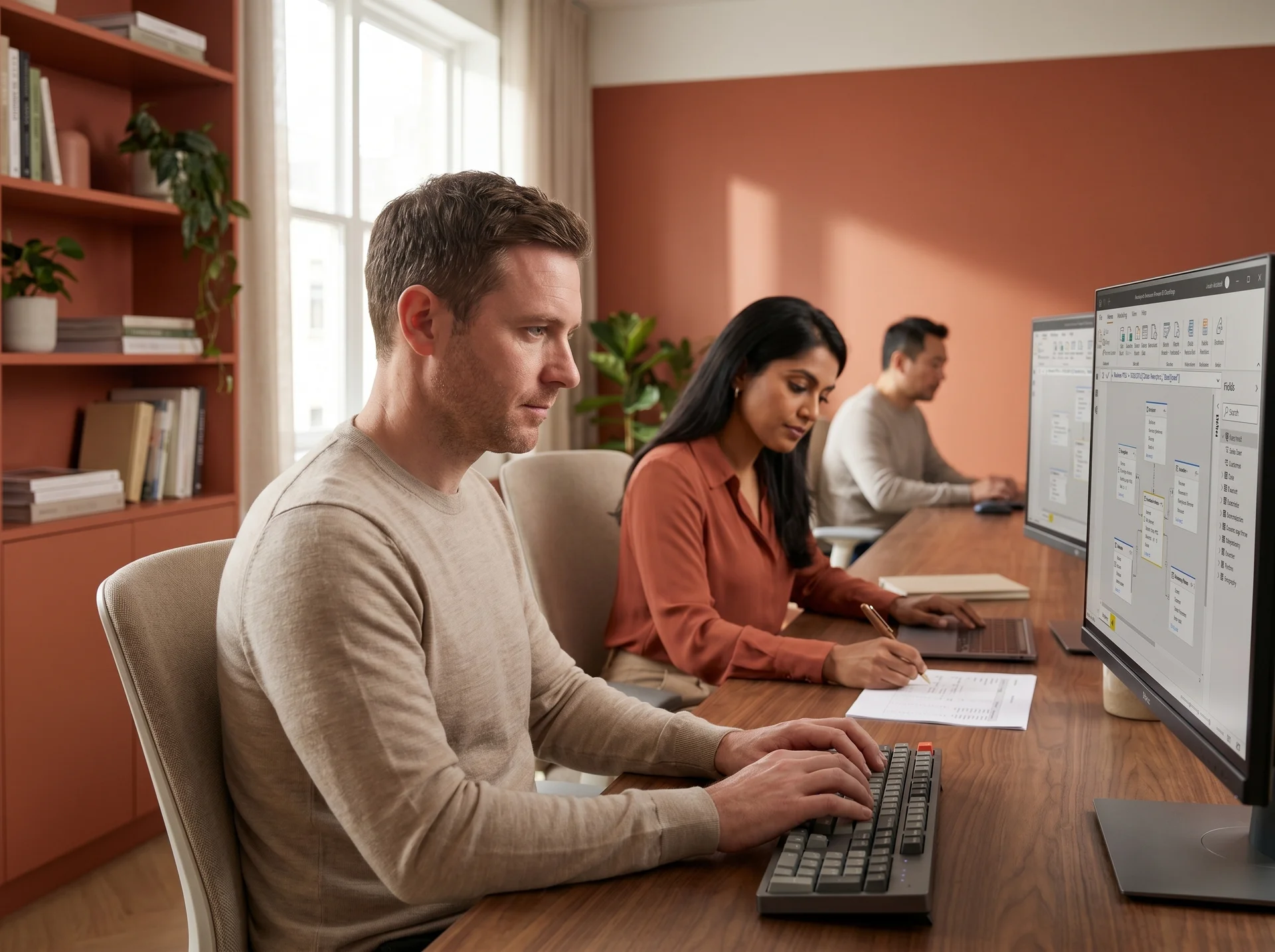 Two senior consultants collaborating on a Power BI semantic model with monitors showing DAX measure code and a star schema diagram.