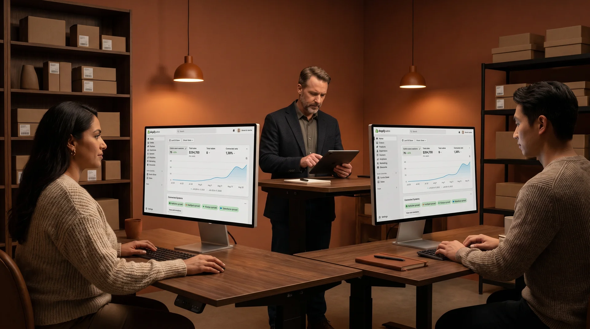 Shopify merchant team reviewing fully connected multi-platform operations Shopify merchant team reviewing fully connected multi-platform operations