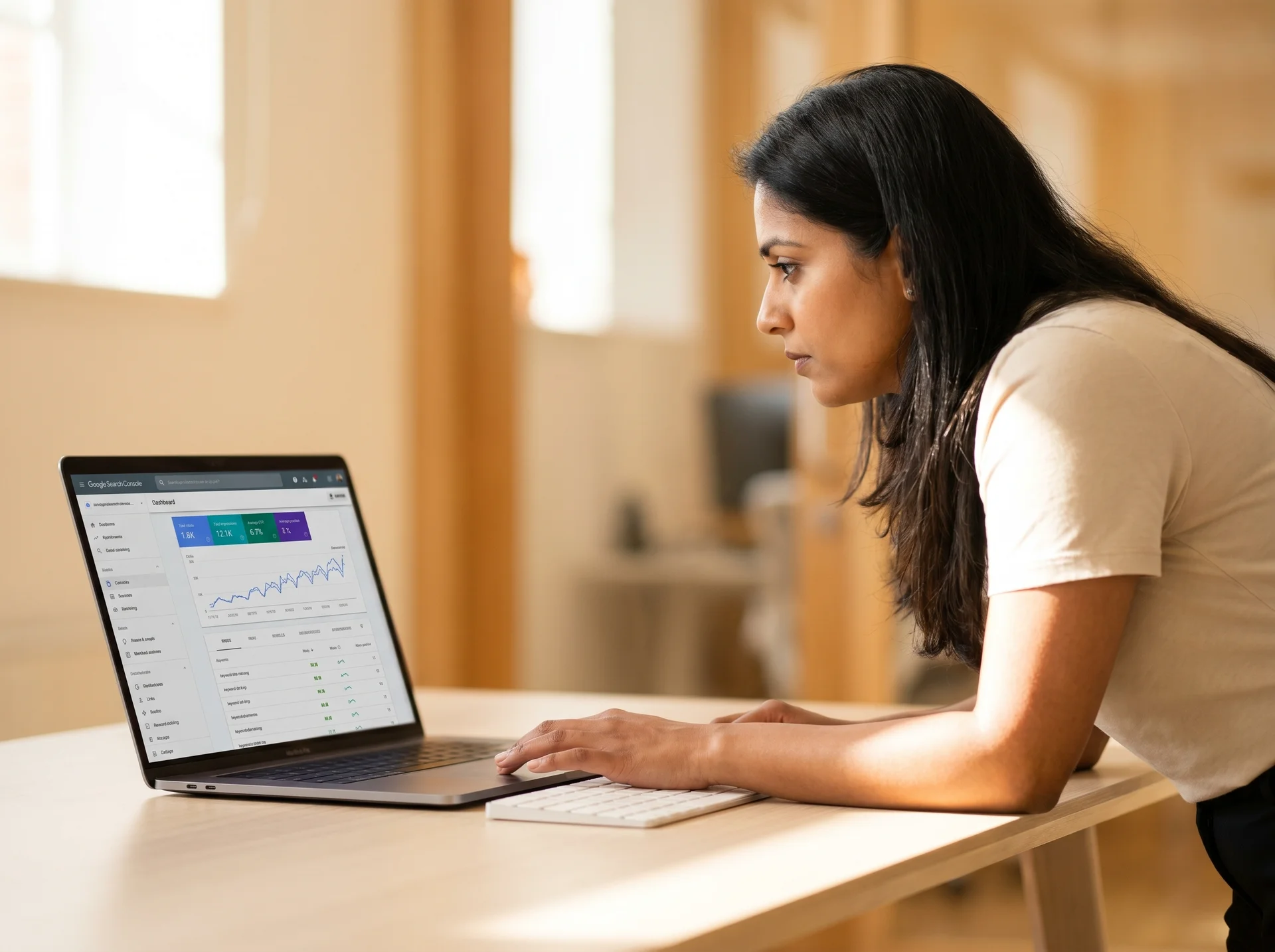 Shopify marketing specialist reviewing organic traffic growth on SEO dashboard Shopify marketing specialist reviewing organic traffic growth on SEO dashboard