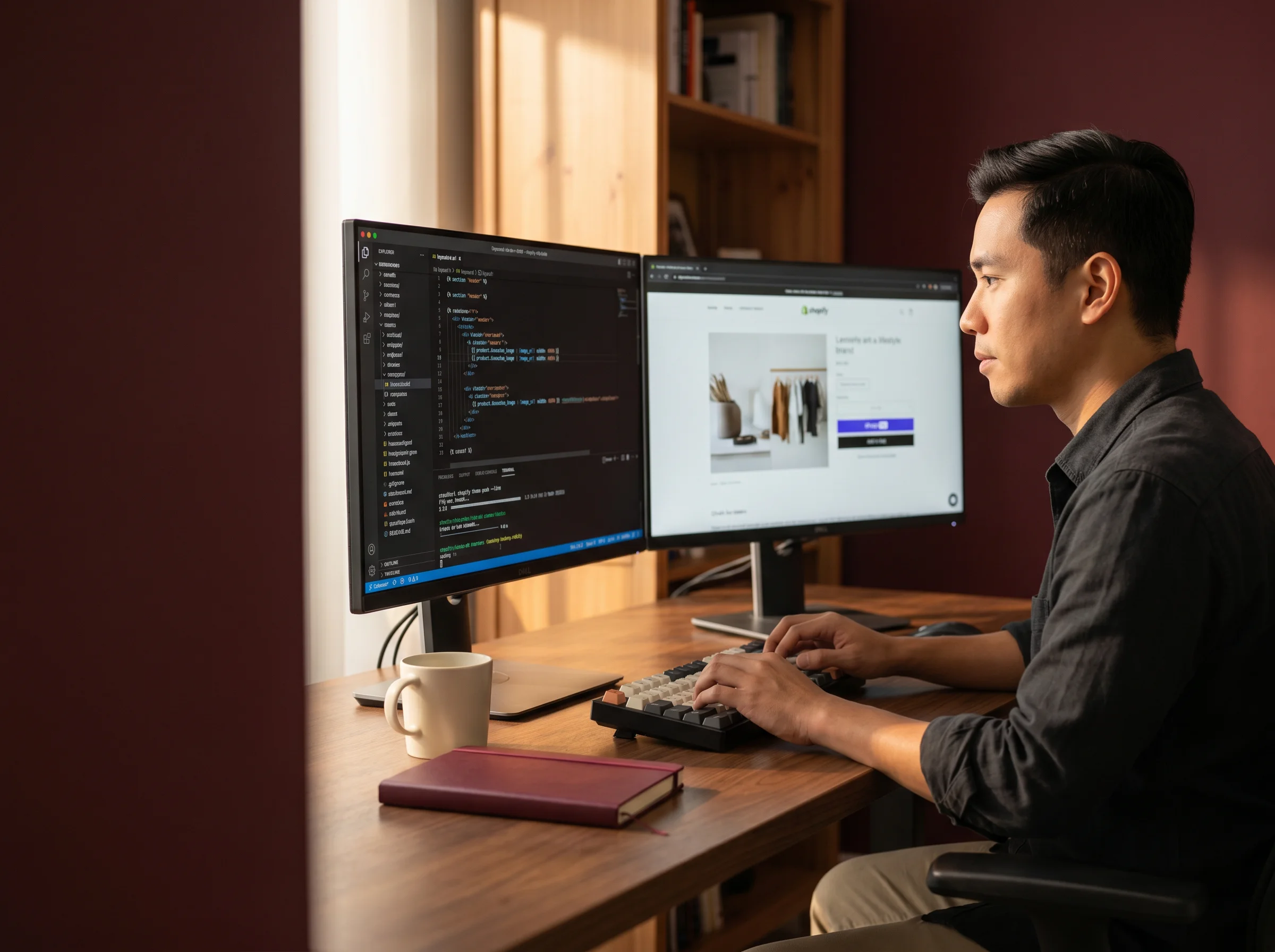 Shopify admin open on a developer screen with a custom Liquid section being edited beside a live storefront preview Shopify admin open on a developer screen with a custom Liquid section being edited beside a live storefront preview